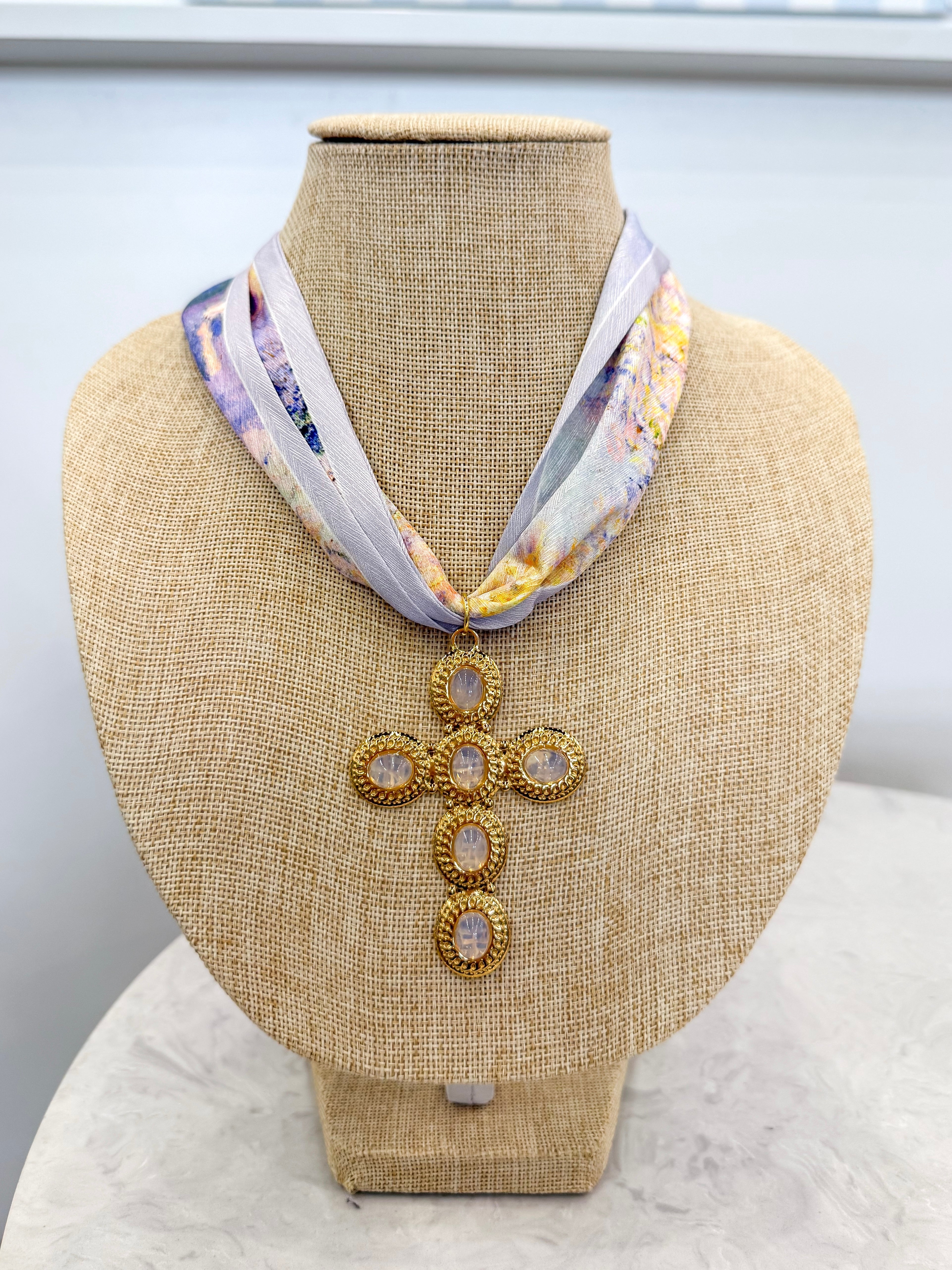 Purple Watercolor Gold Cross Scarf Necklace