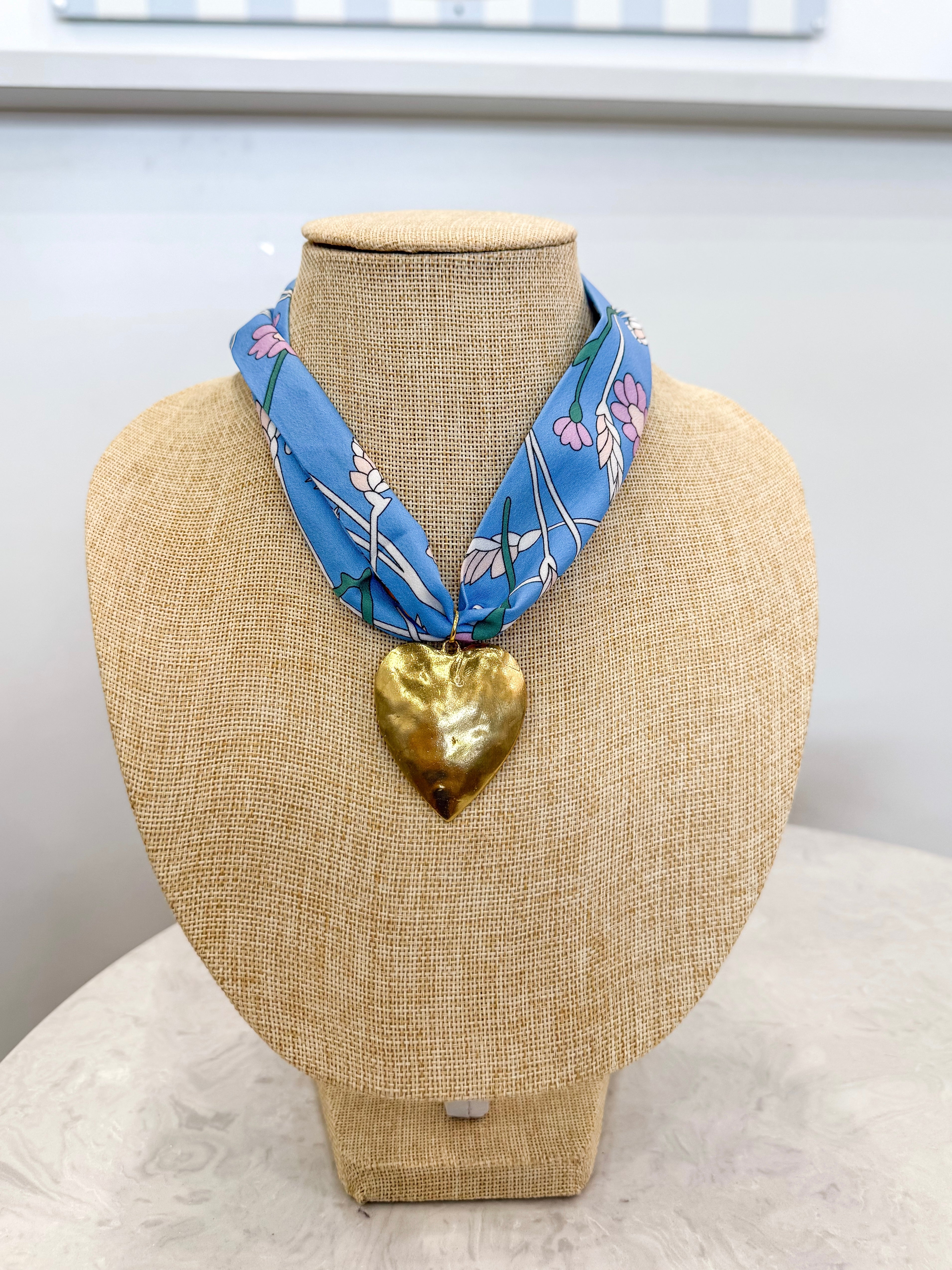 Blue Retro Floral Gold Heart Scarf Necklace
