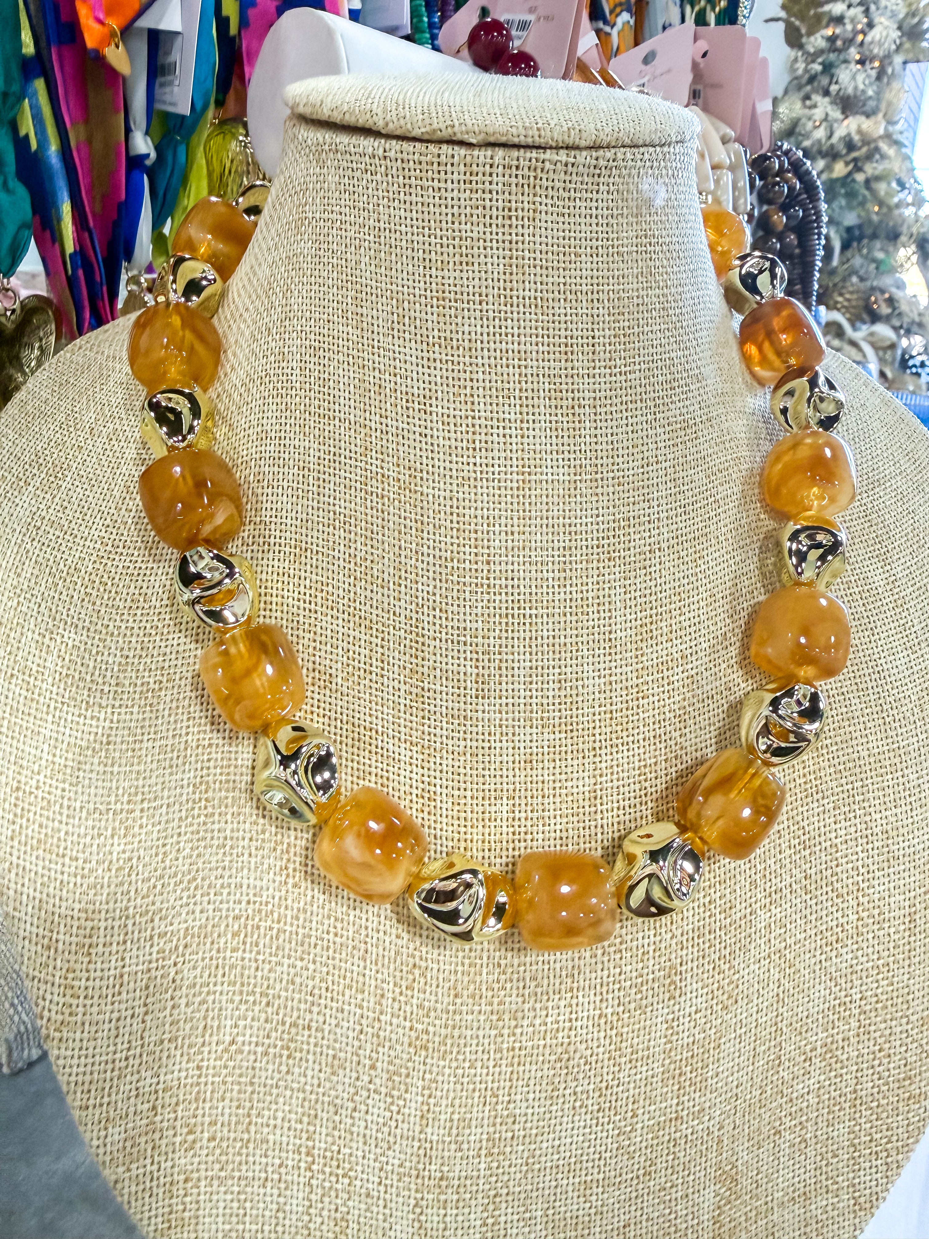 Amber & Gold Stone Necklace