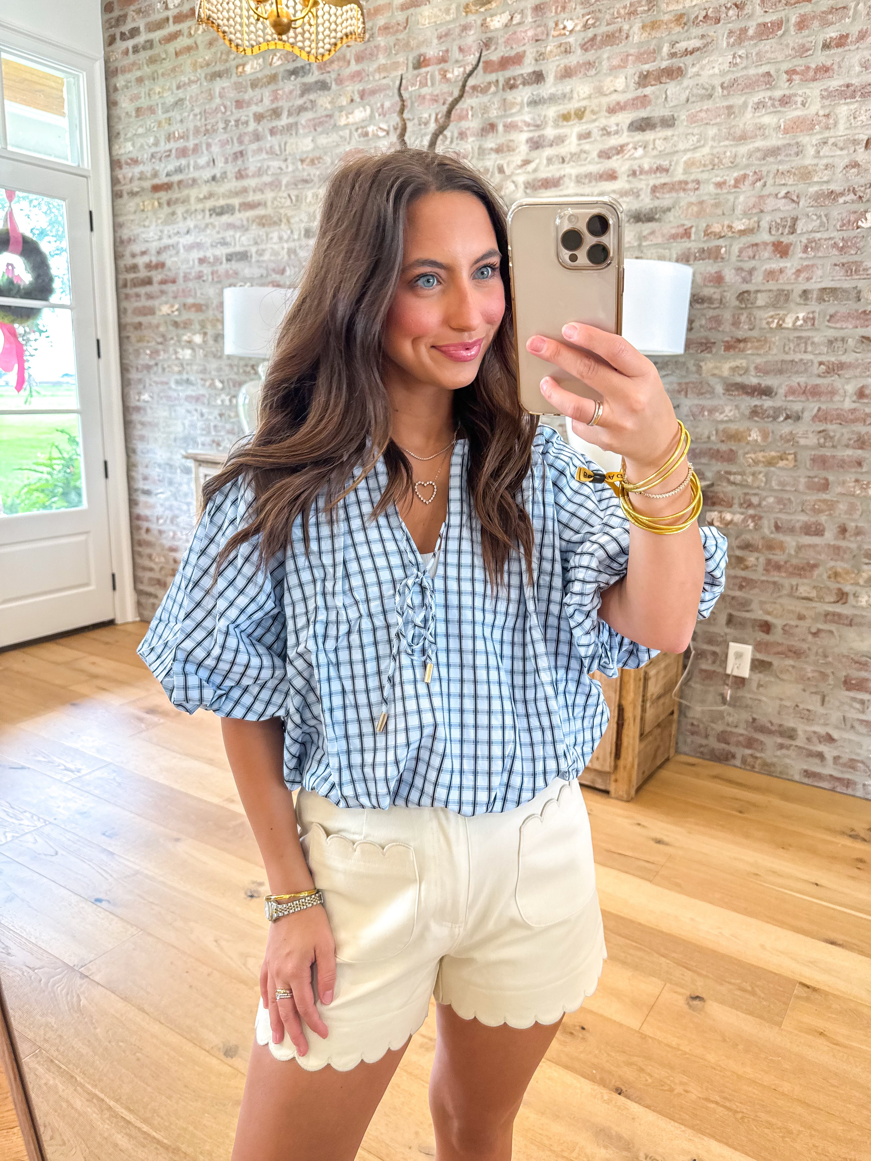 Chambray Plaid Puff Sleeve Top