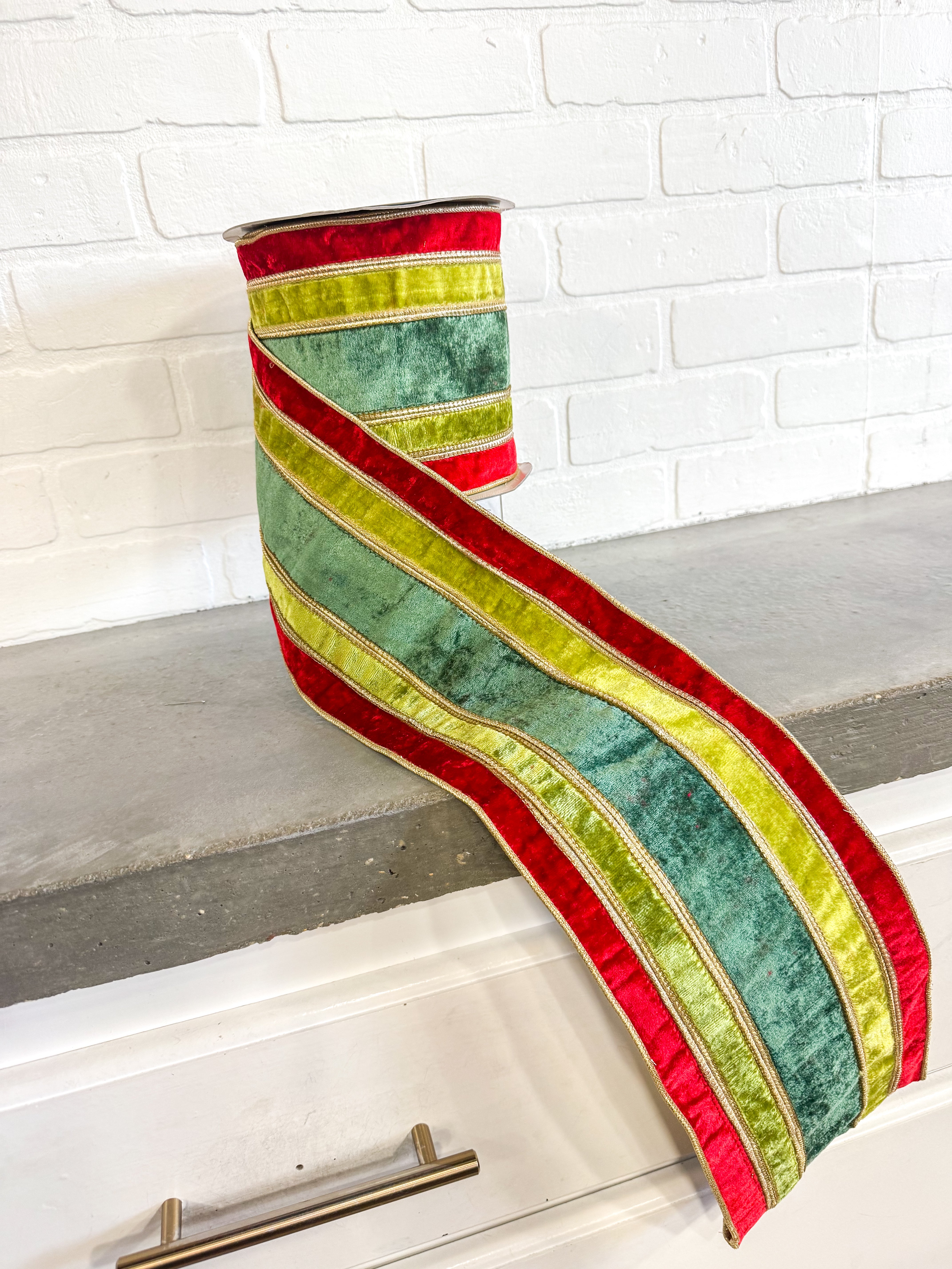 Red/Apple/Green Velvet Stripe Metallic Dupion DBL Fused- 6x10yd