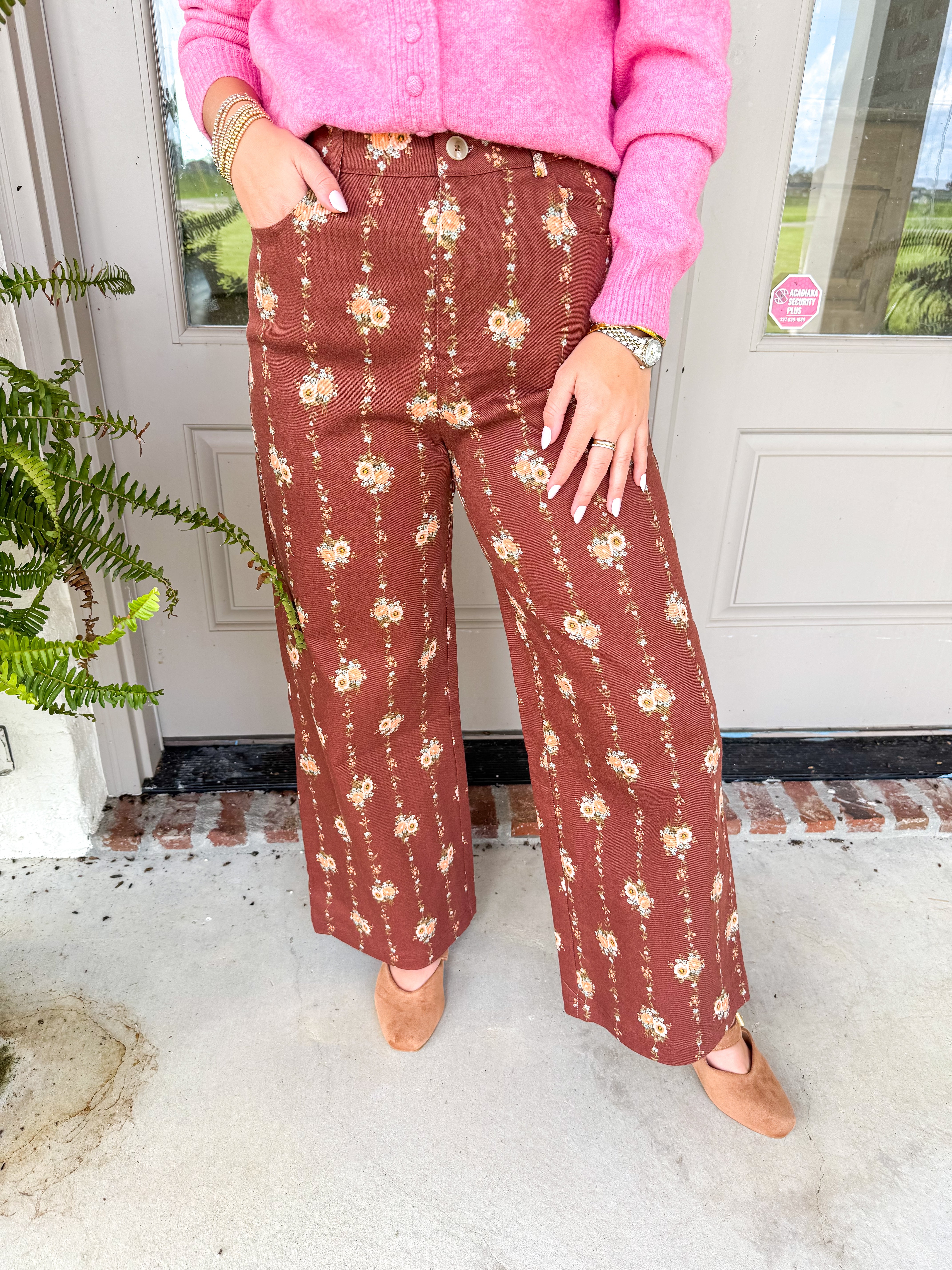 Meadowbrook Floral Wide Leg Pants Brown