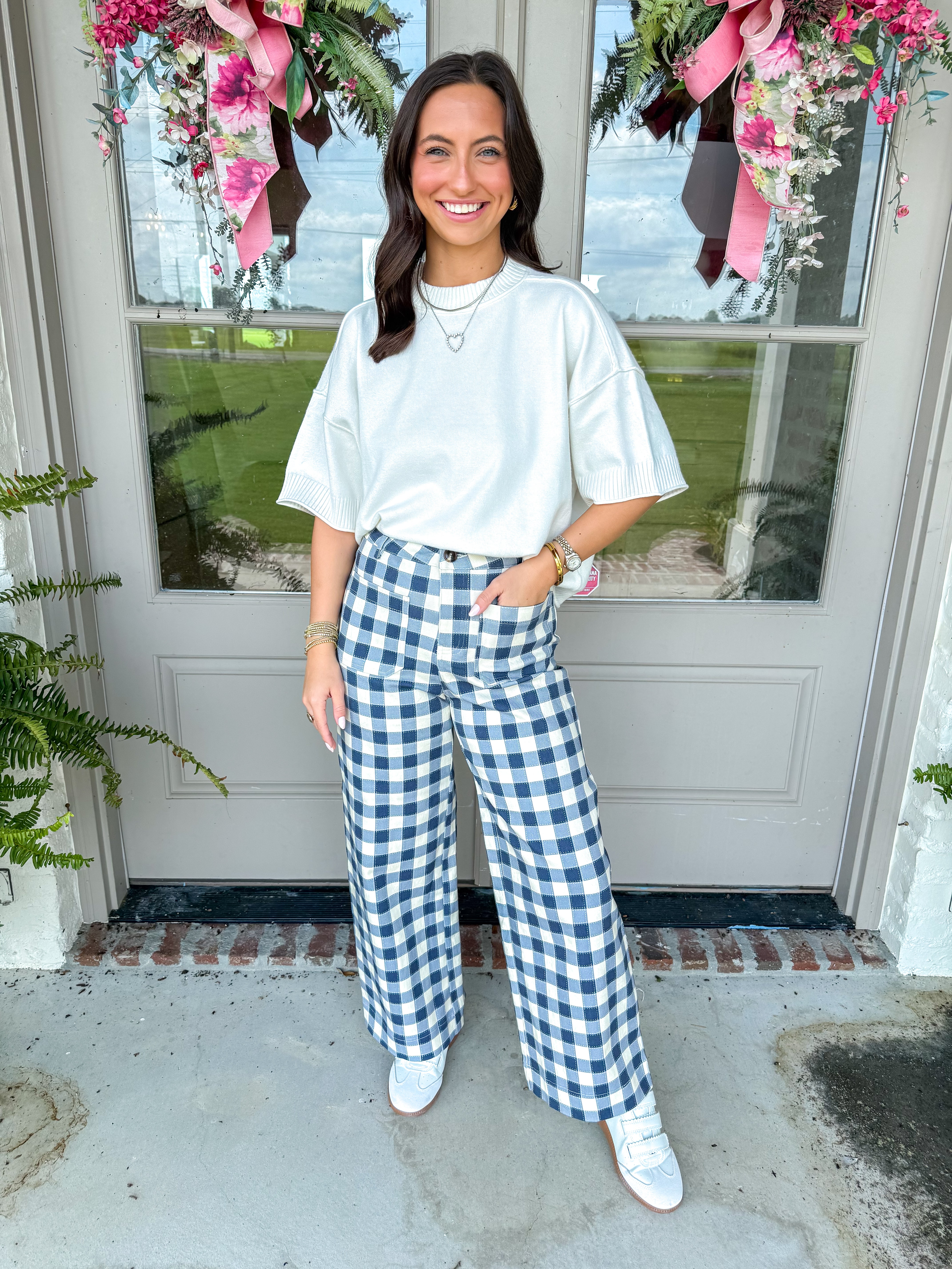 Navy Gingham Wide-Leg Pants