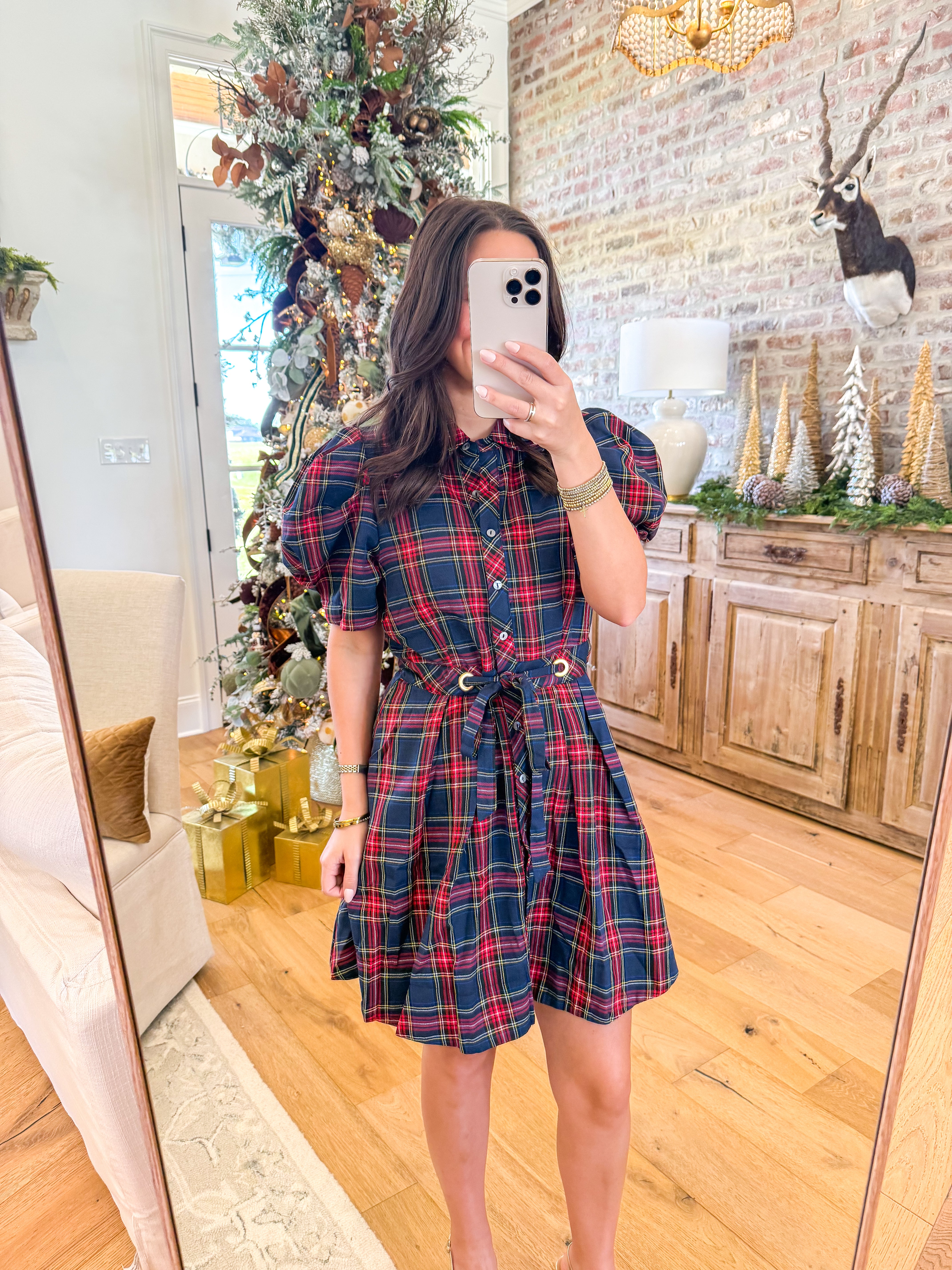 Tartan Charm Puff-Sleeve Mini Dress Navy
