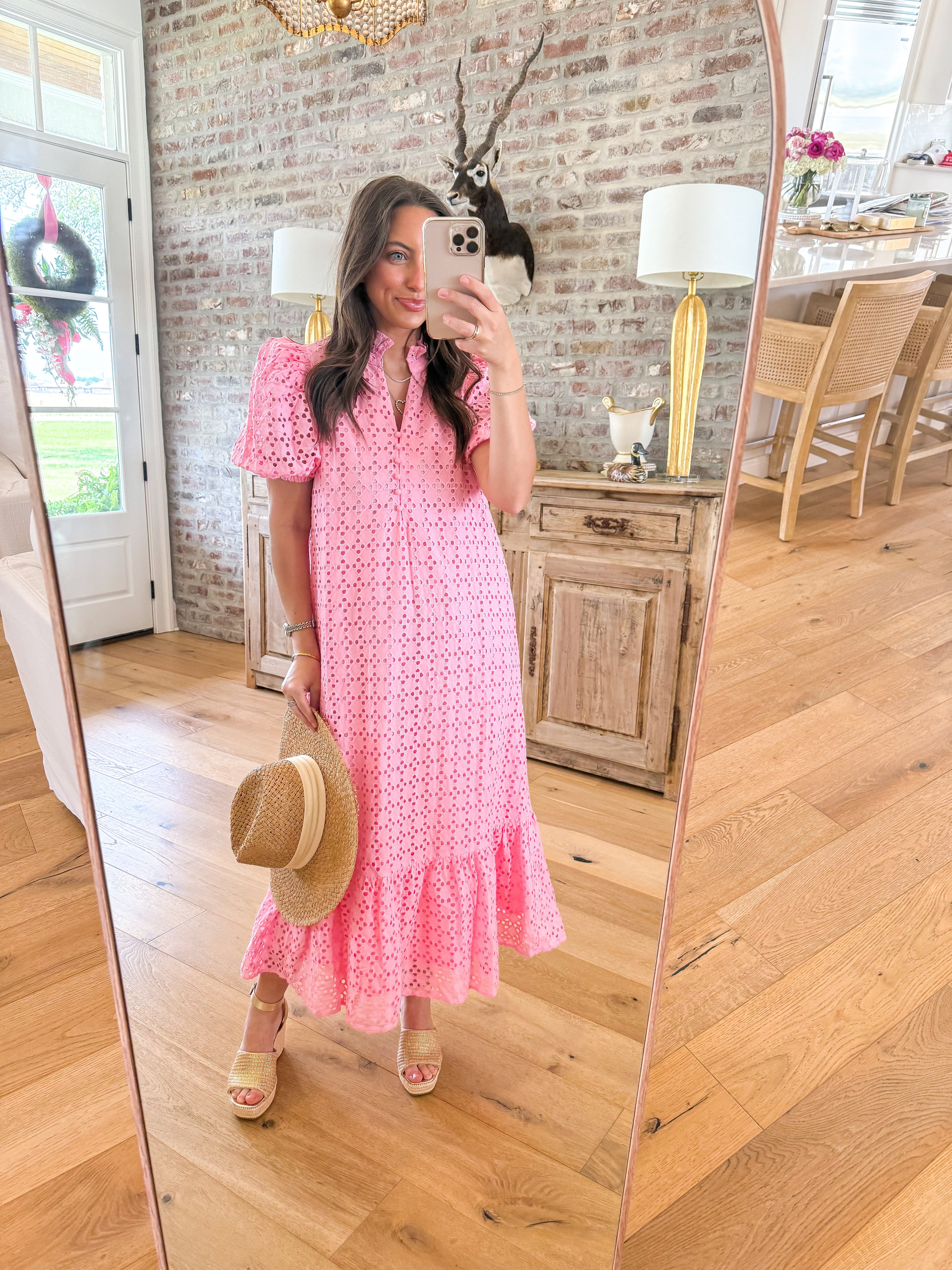 Evelyn Pink Eyelet Midi Dress