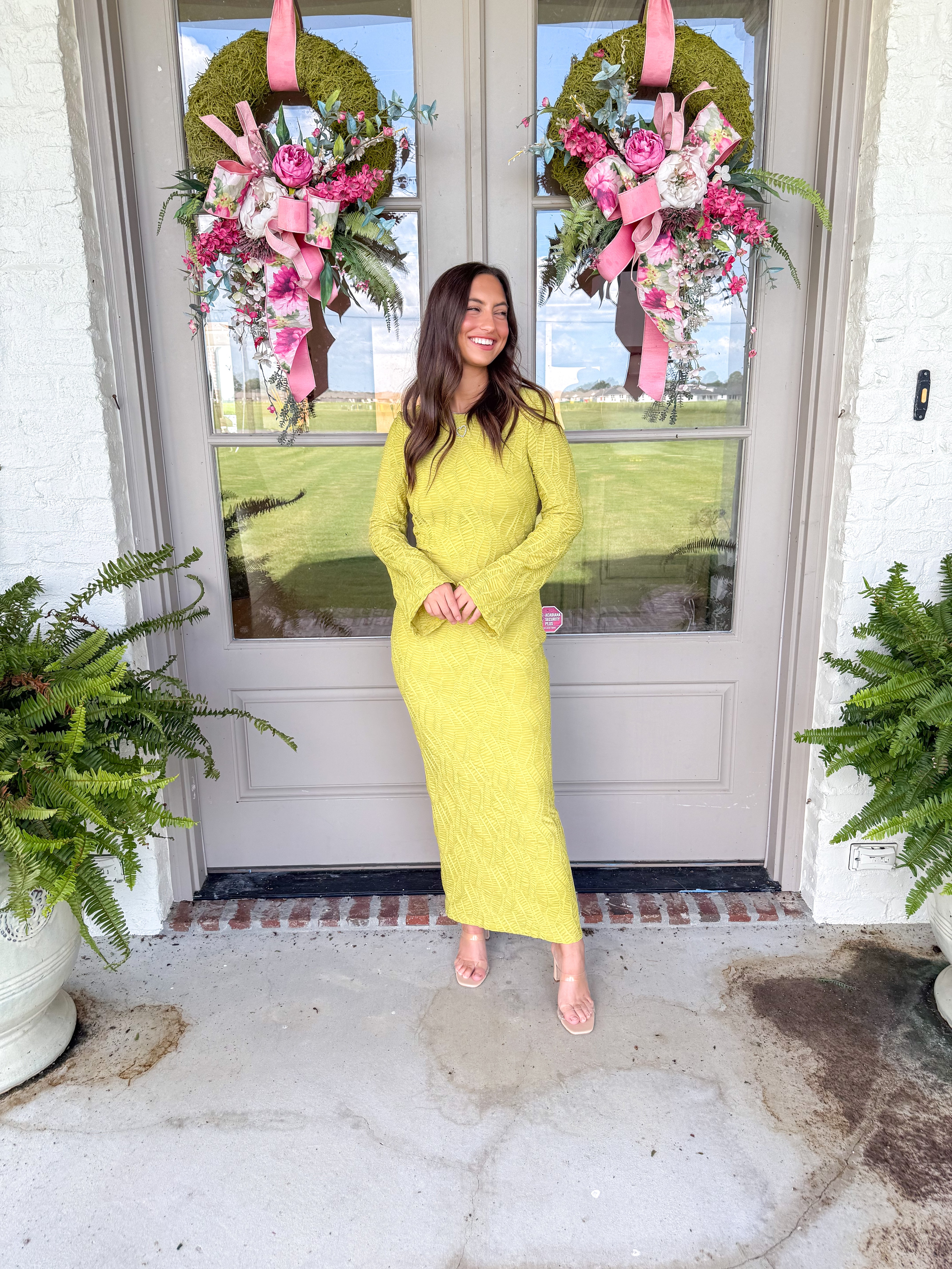 Chartreuse Textured Knit Midi Dress