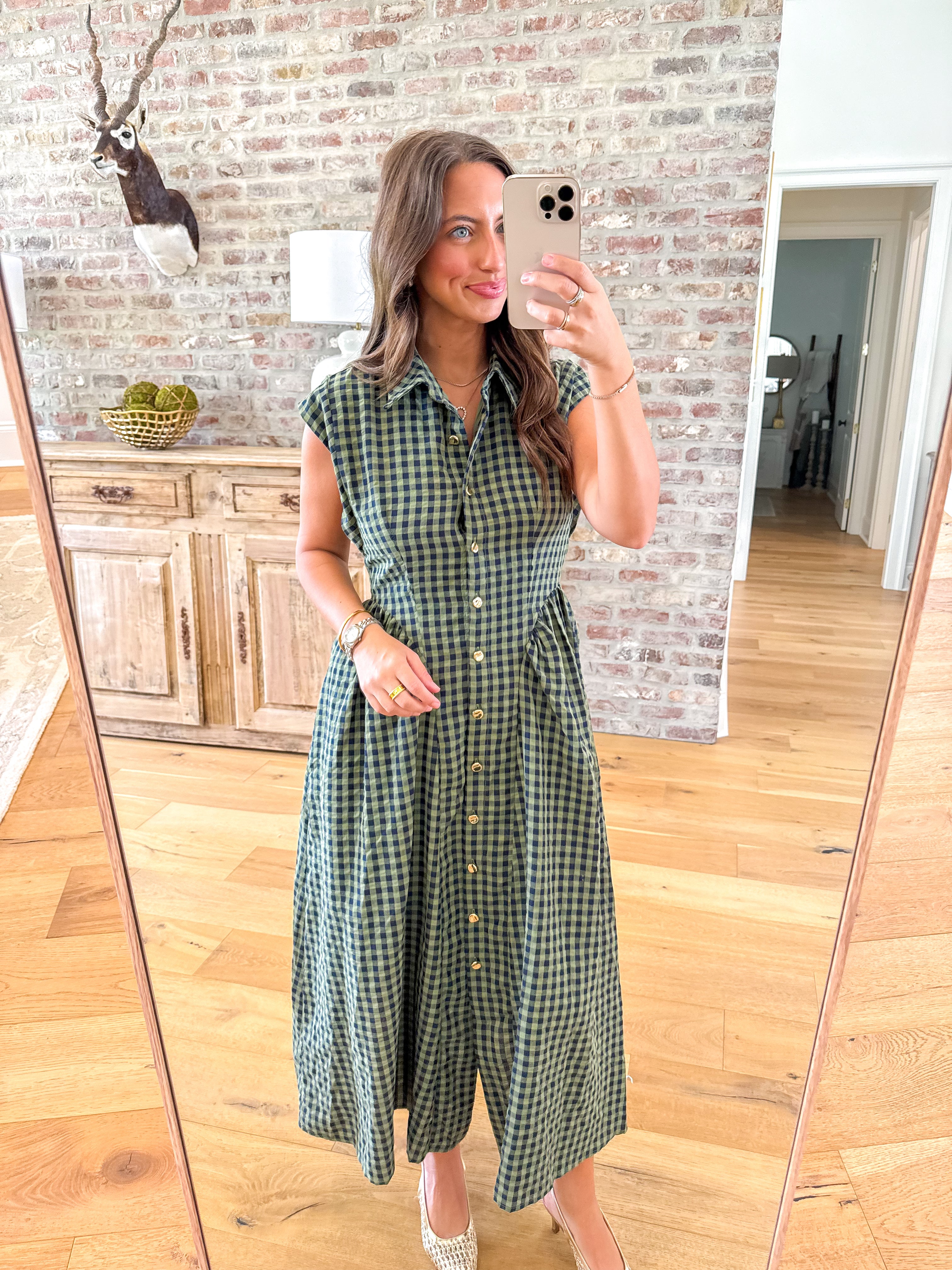 Magnolia Gingham Midi Dress Olive