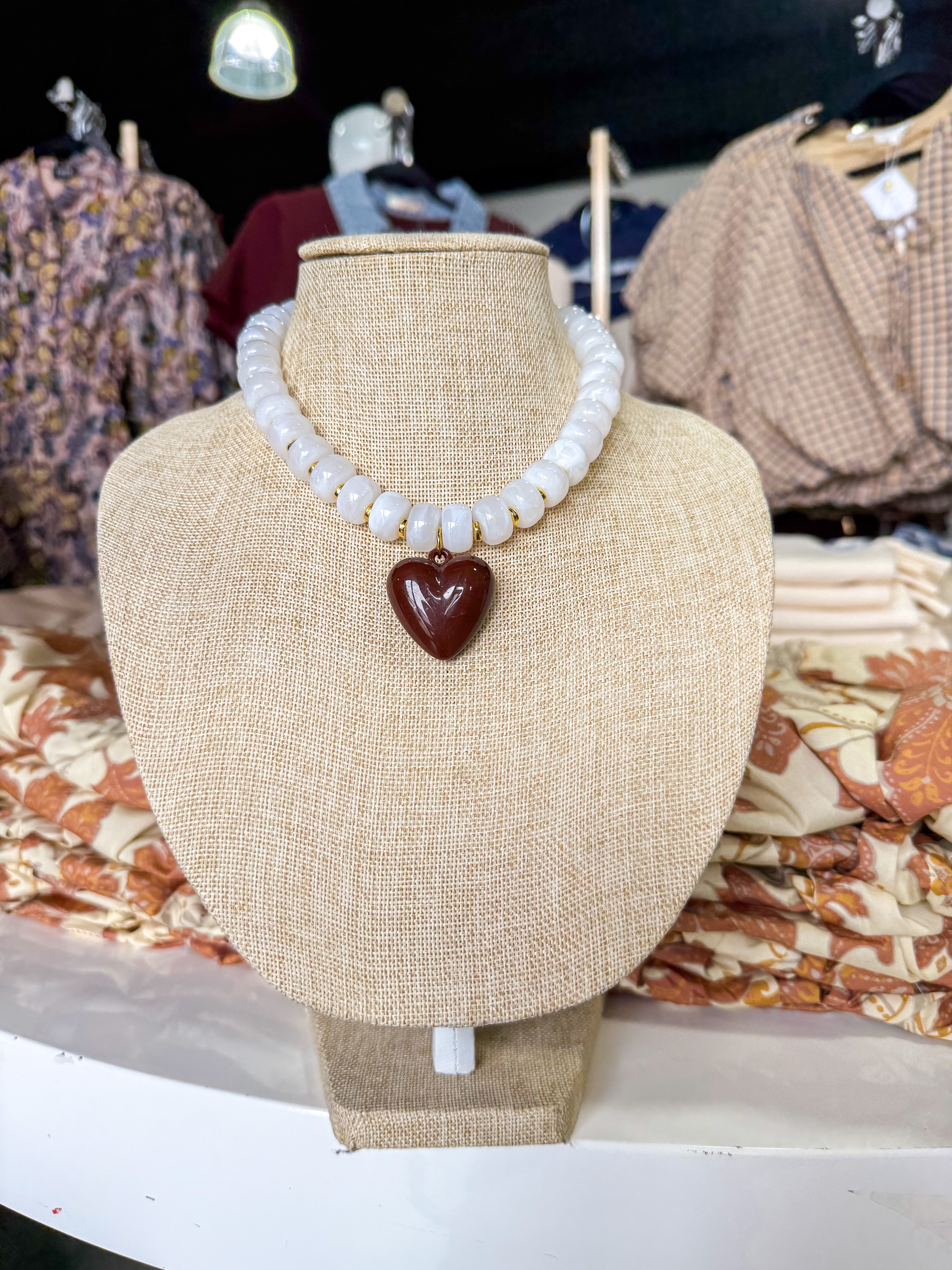 Clear Beaded Brown Heart Necklace