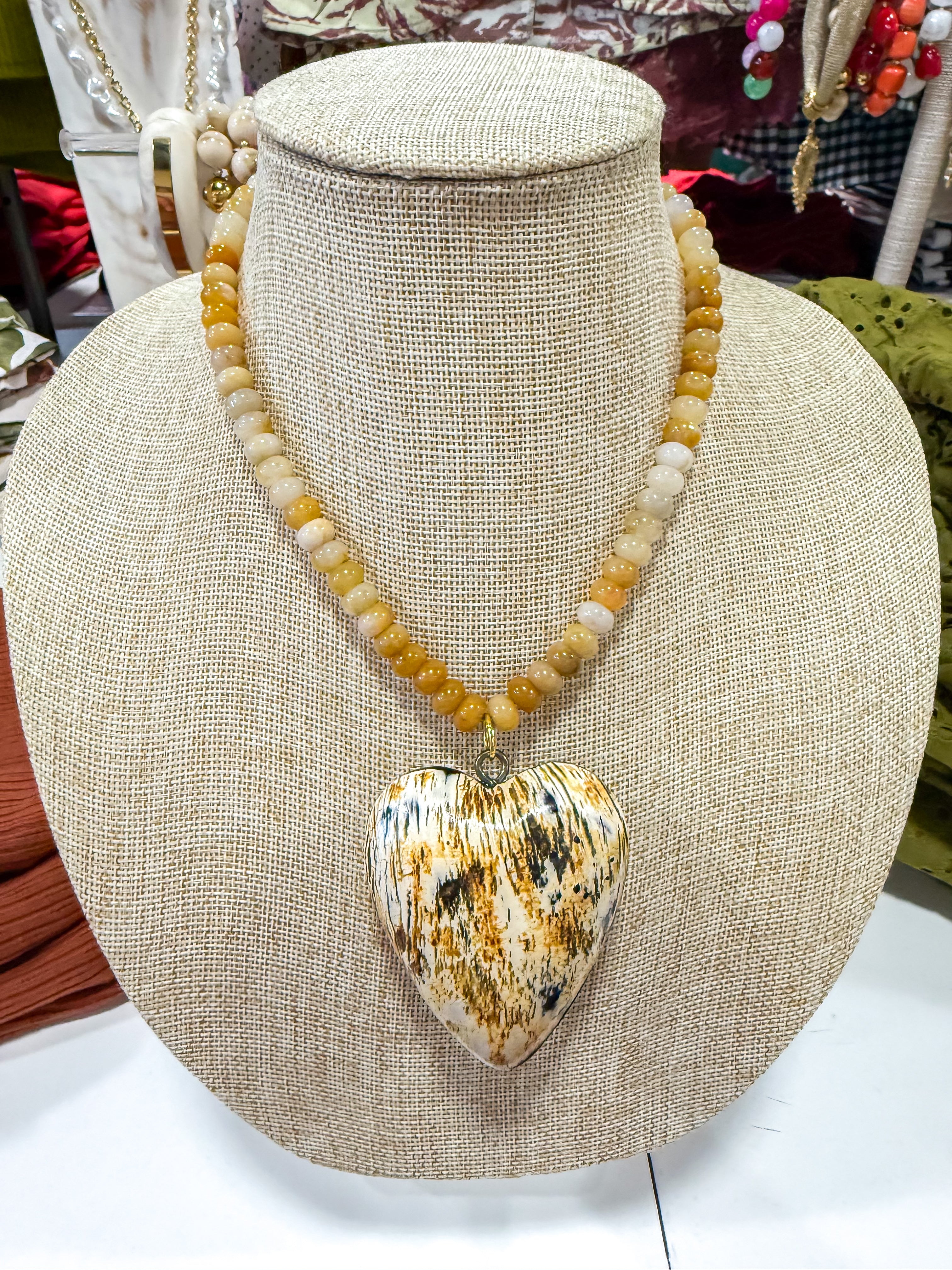 Large Striped Heart Neutral Beaded Necklace