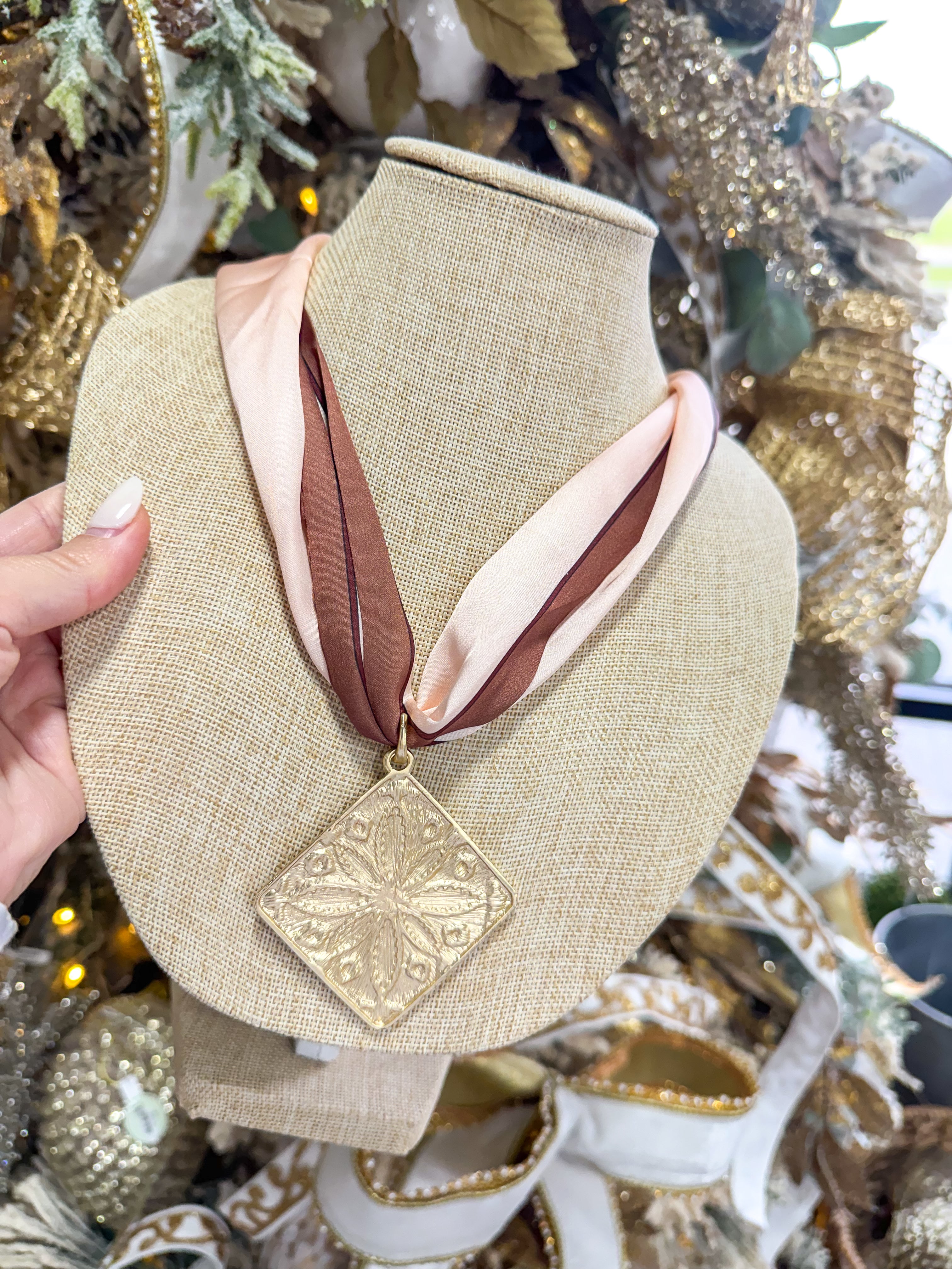 Pink & Brown Large Scarf Necklace Gold Flower Pendant