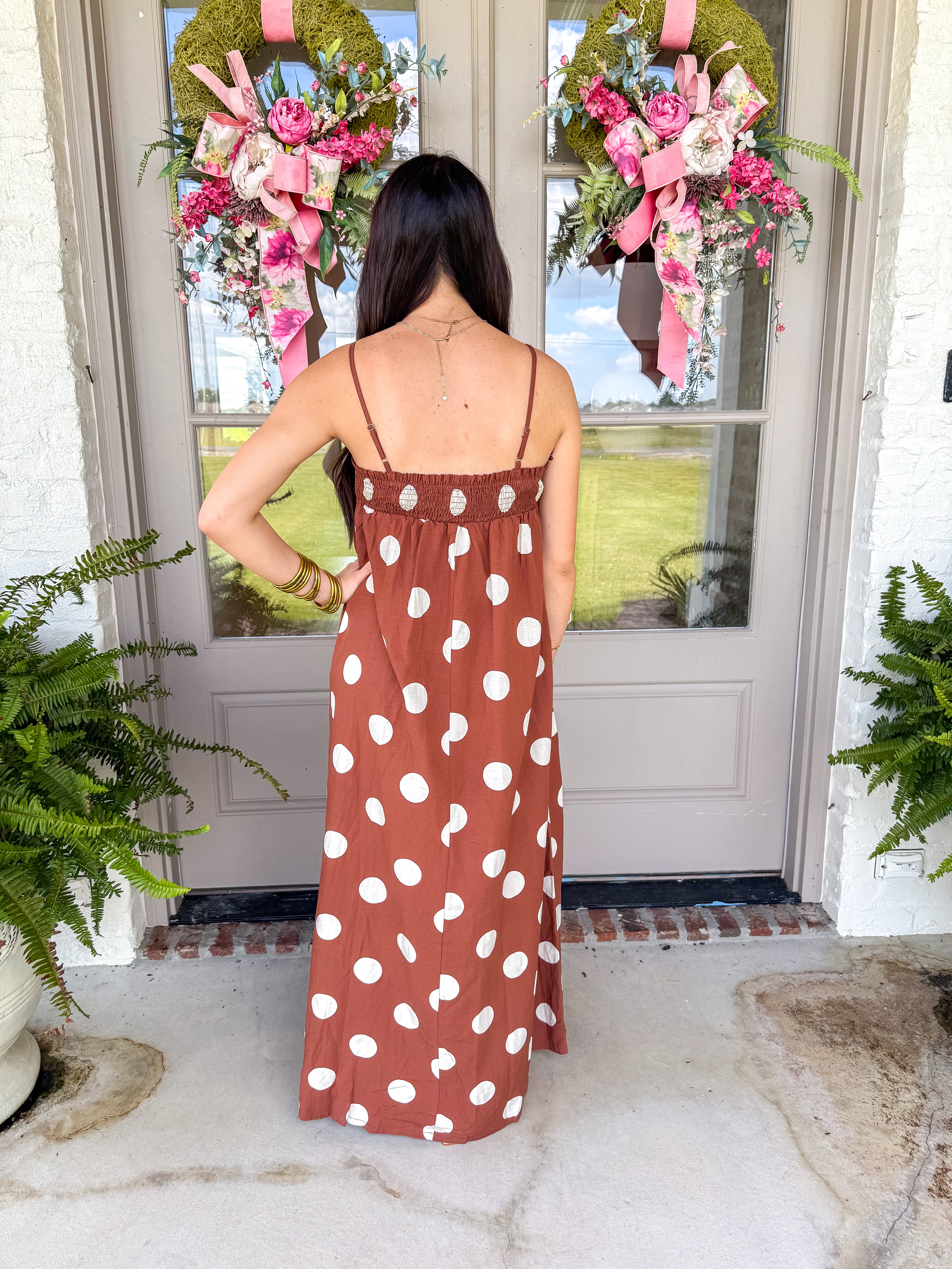 Dusty Trail Large Polka Dot Maxi Dress Brown