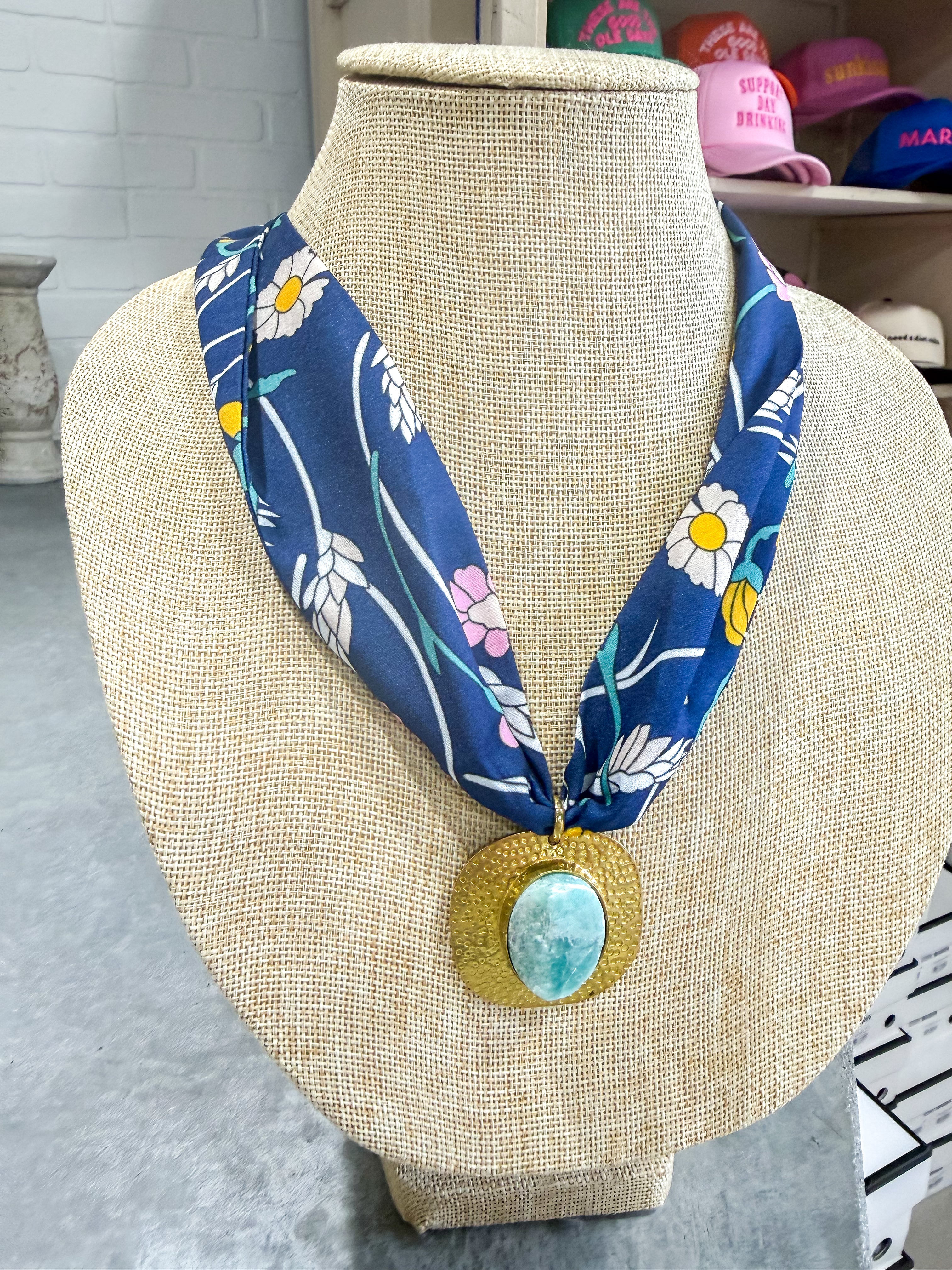 Navy Floral Gold Green Scarf Necklace