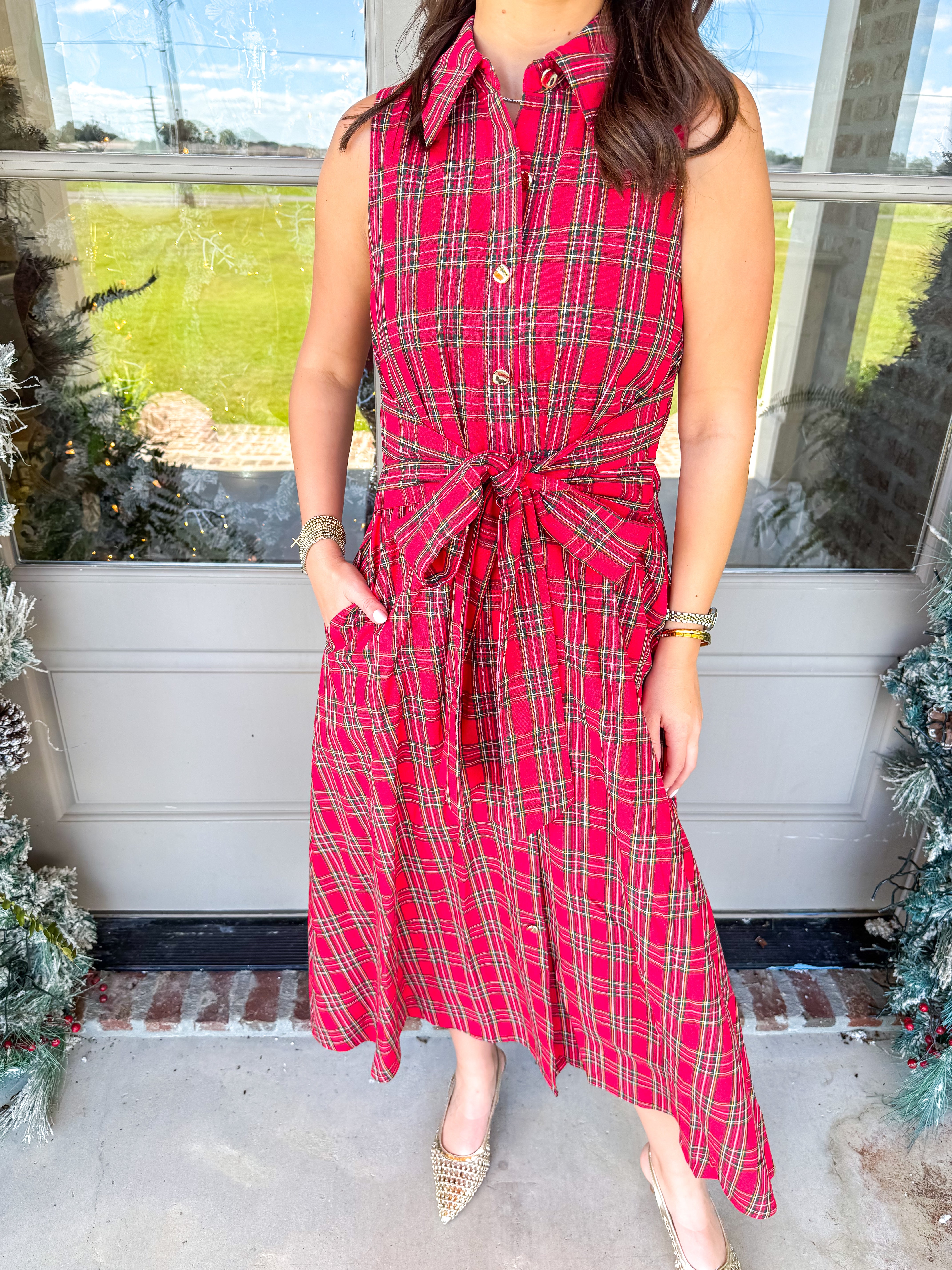 Scarlett Fields Plaid Midi Dress Red