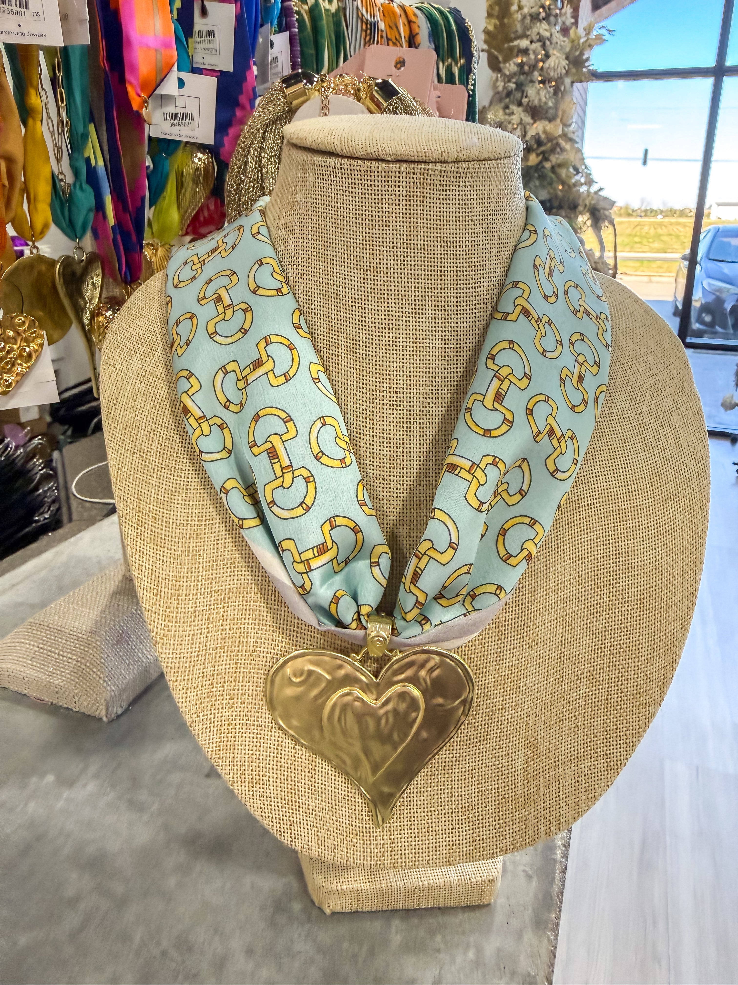 Large Heart Light Blue Horse Bit Scarf Necklace