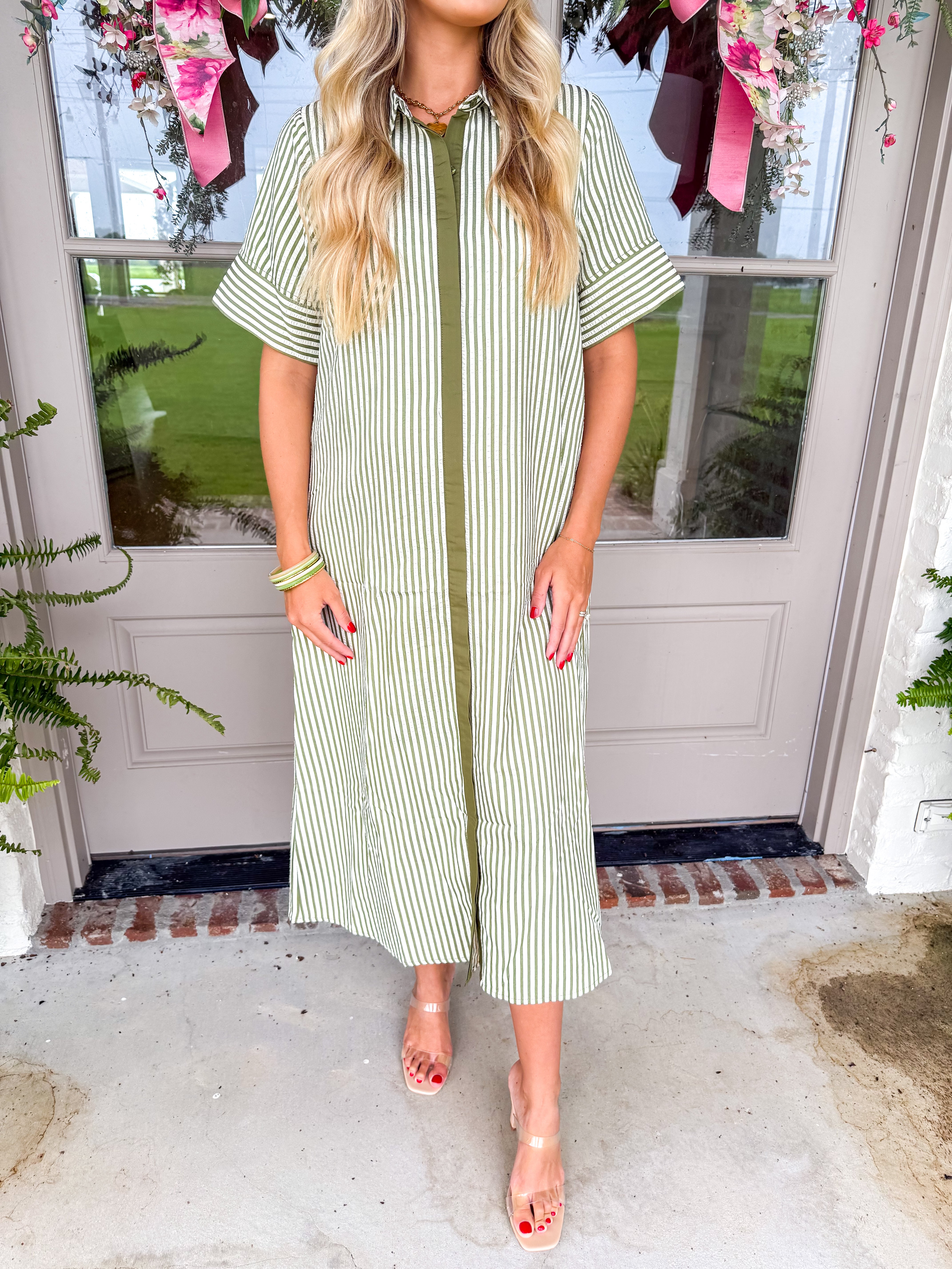 Sun-Washed Stripe Midi Dress Olive