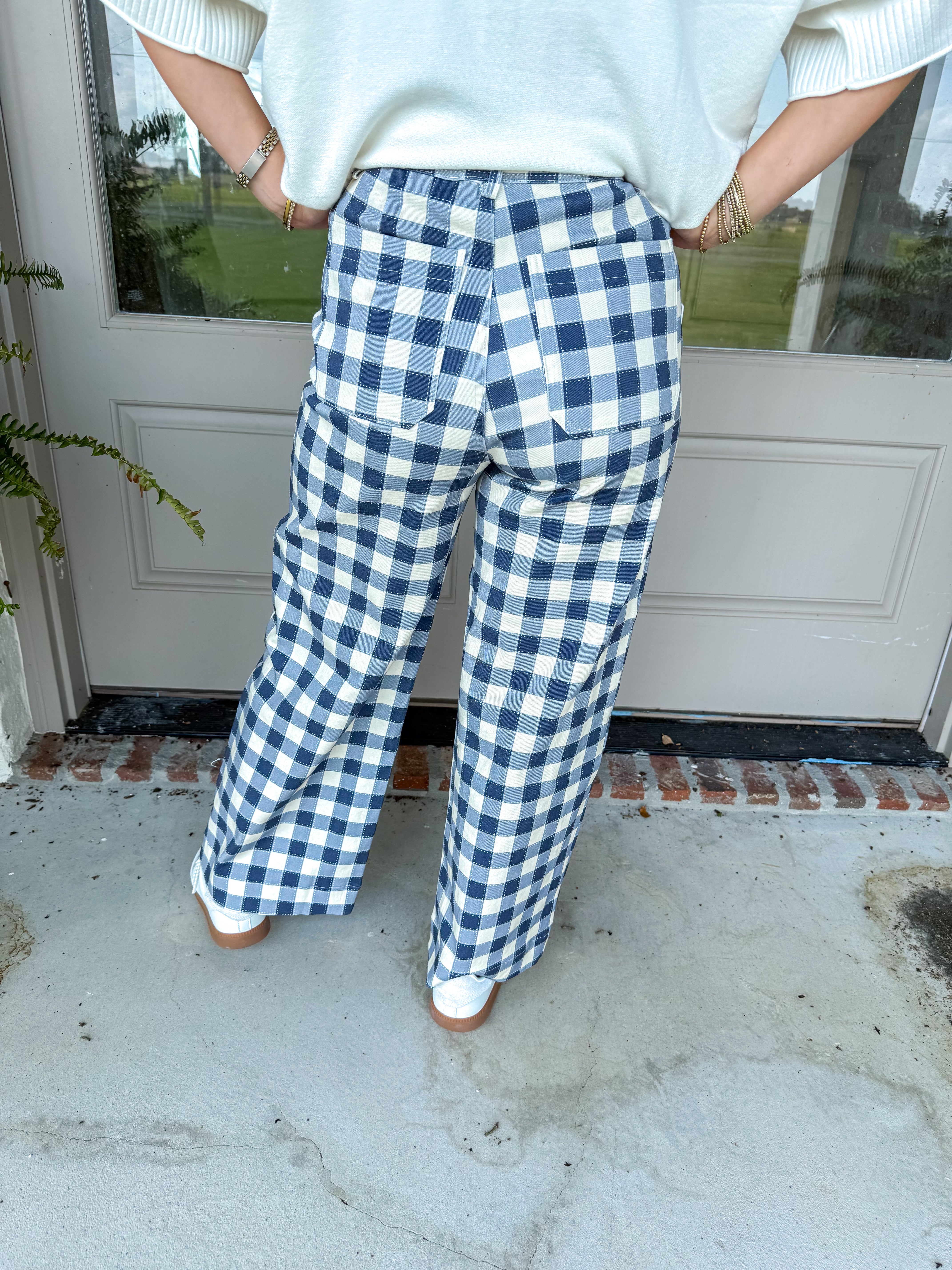 Navy Gingham Wide-Leg Pants