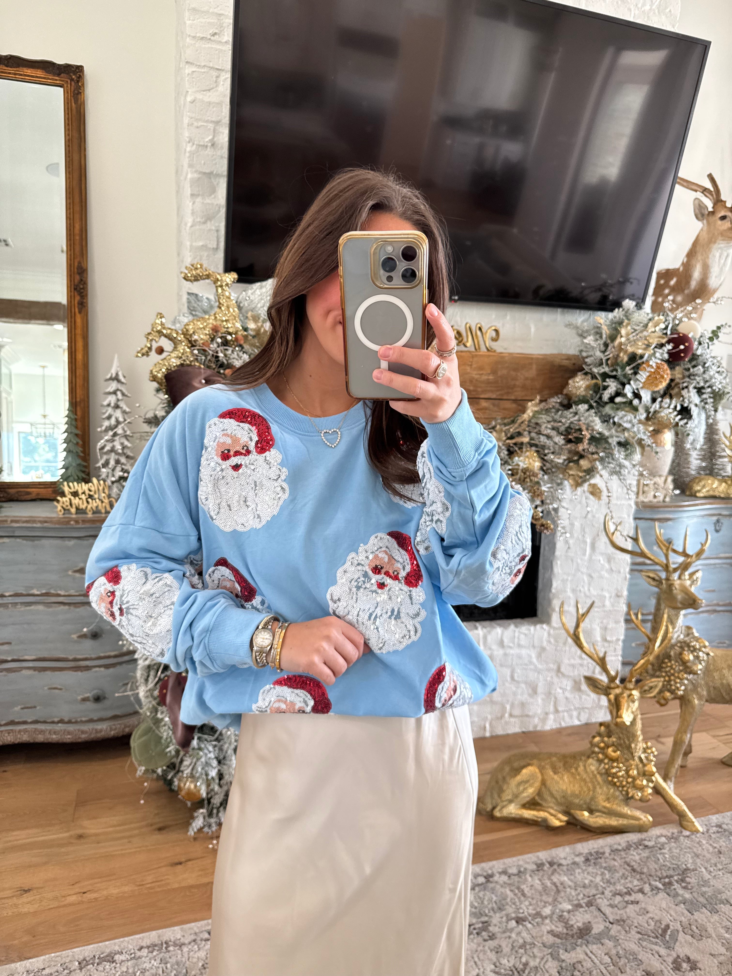 Blue Overszied Sequin Santa Sweatshirt