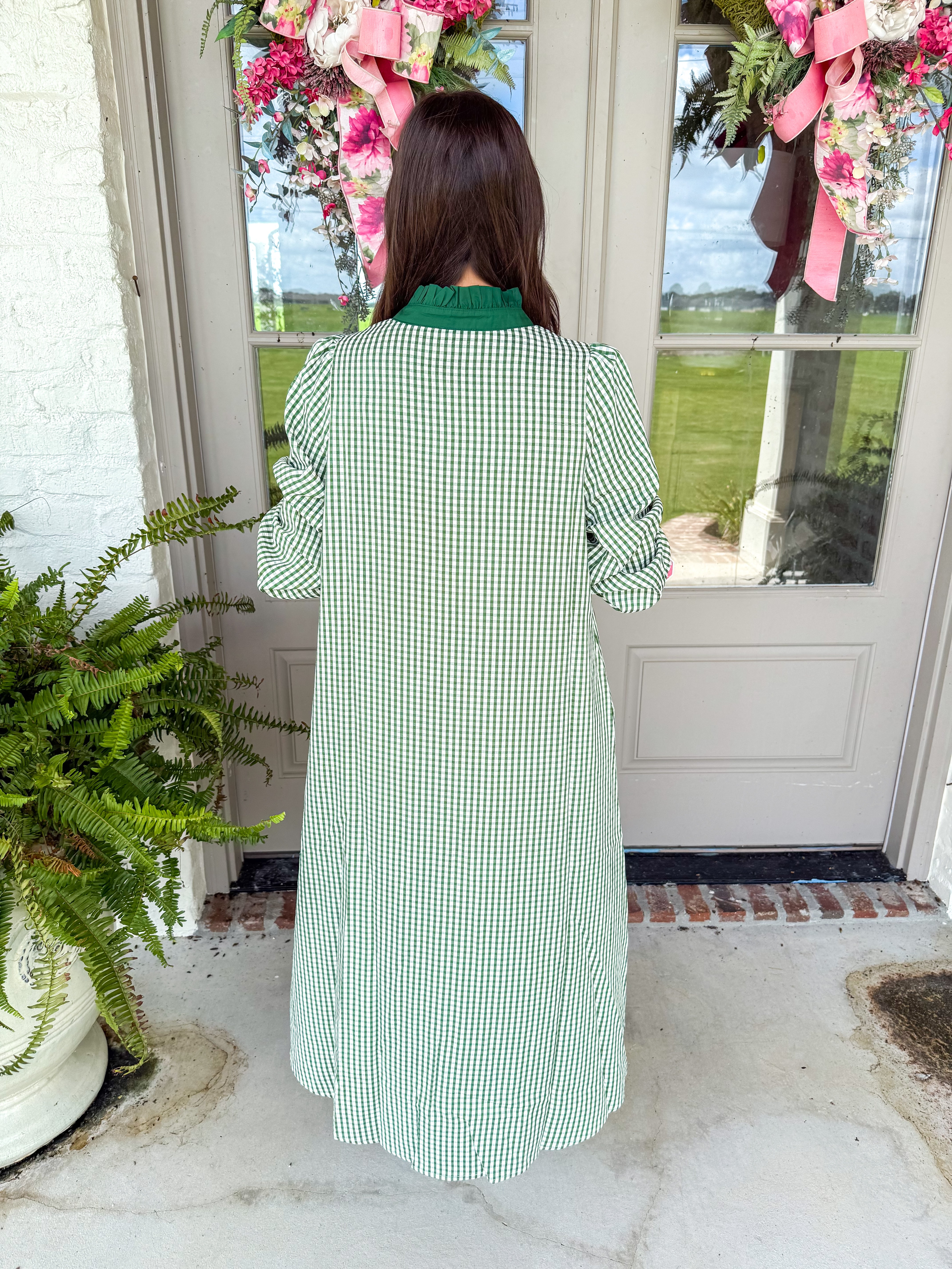 Green Gingham Ruffle Midi Dress