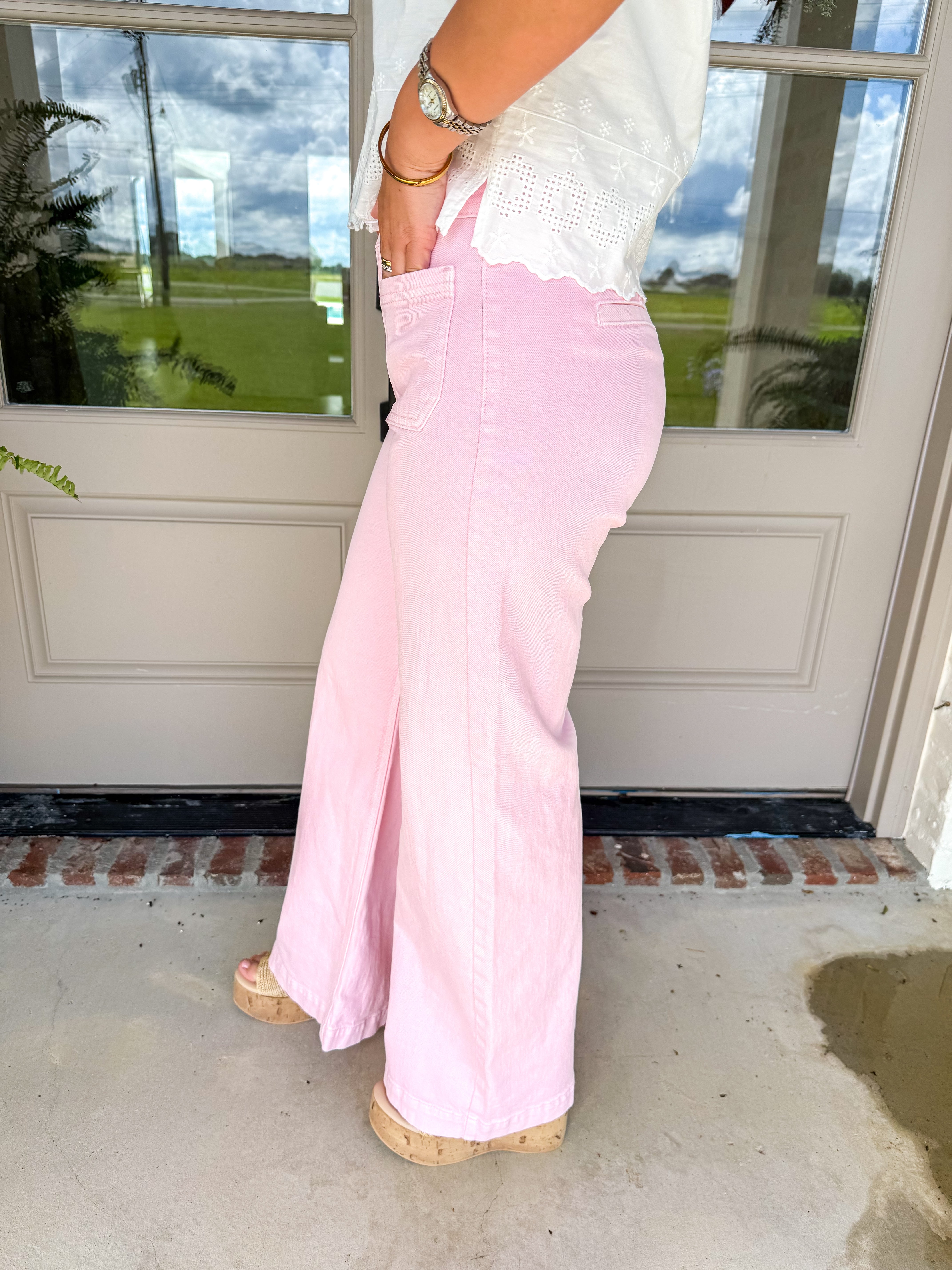 Washed Pink Micro Patch Pocket Wide Leg