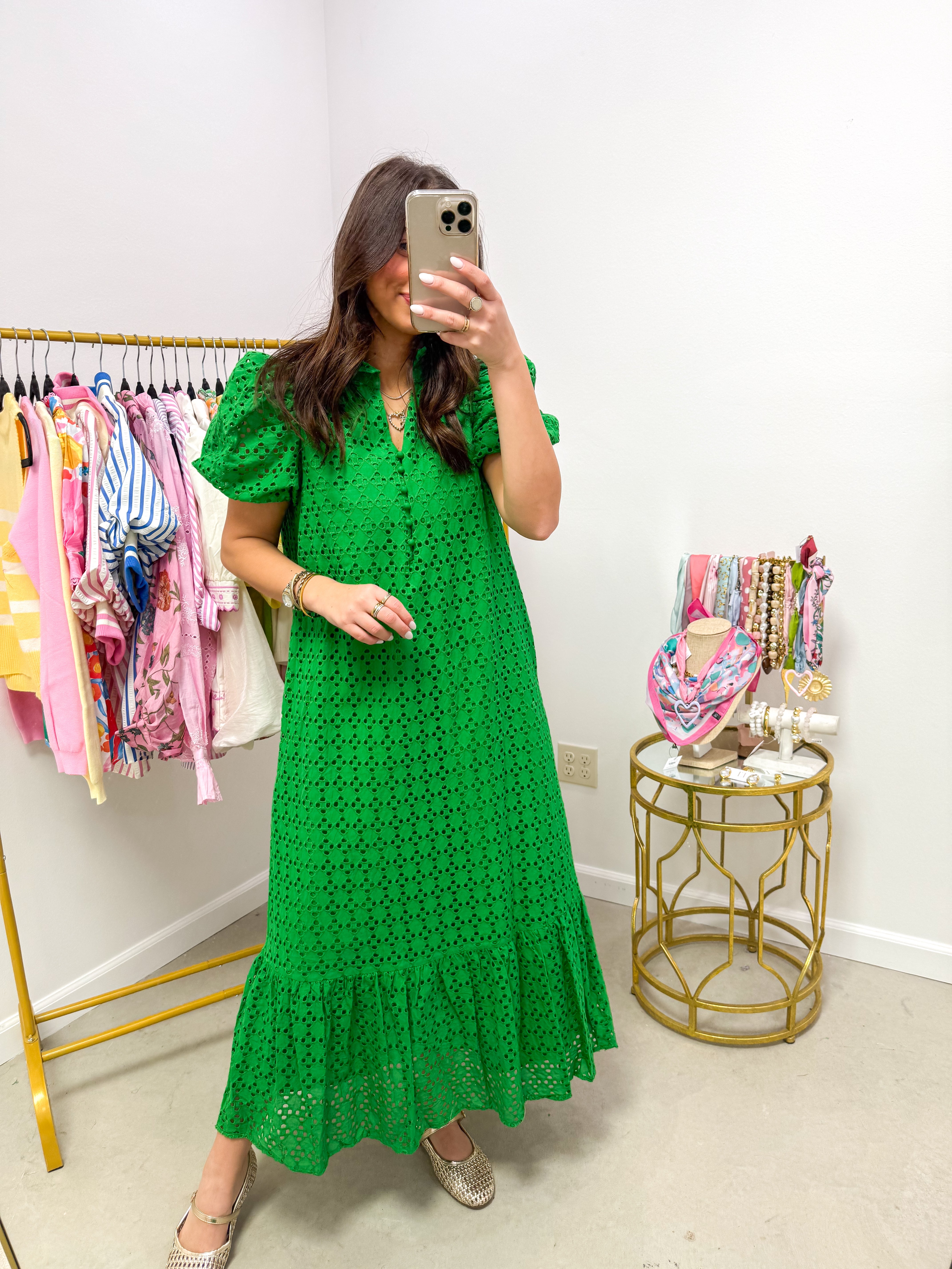 Evelyn Eyelet Kelly Green Midi