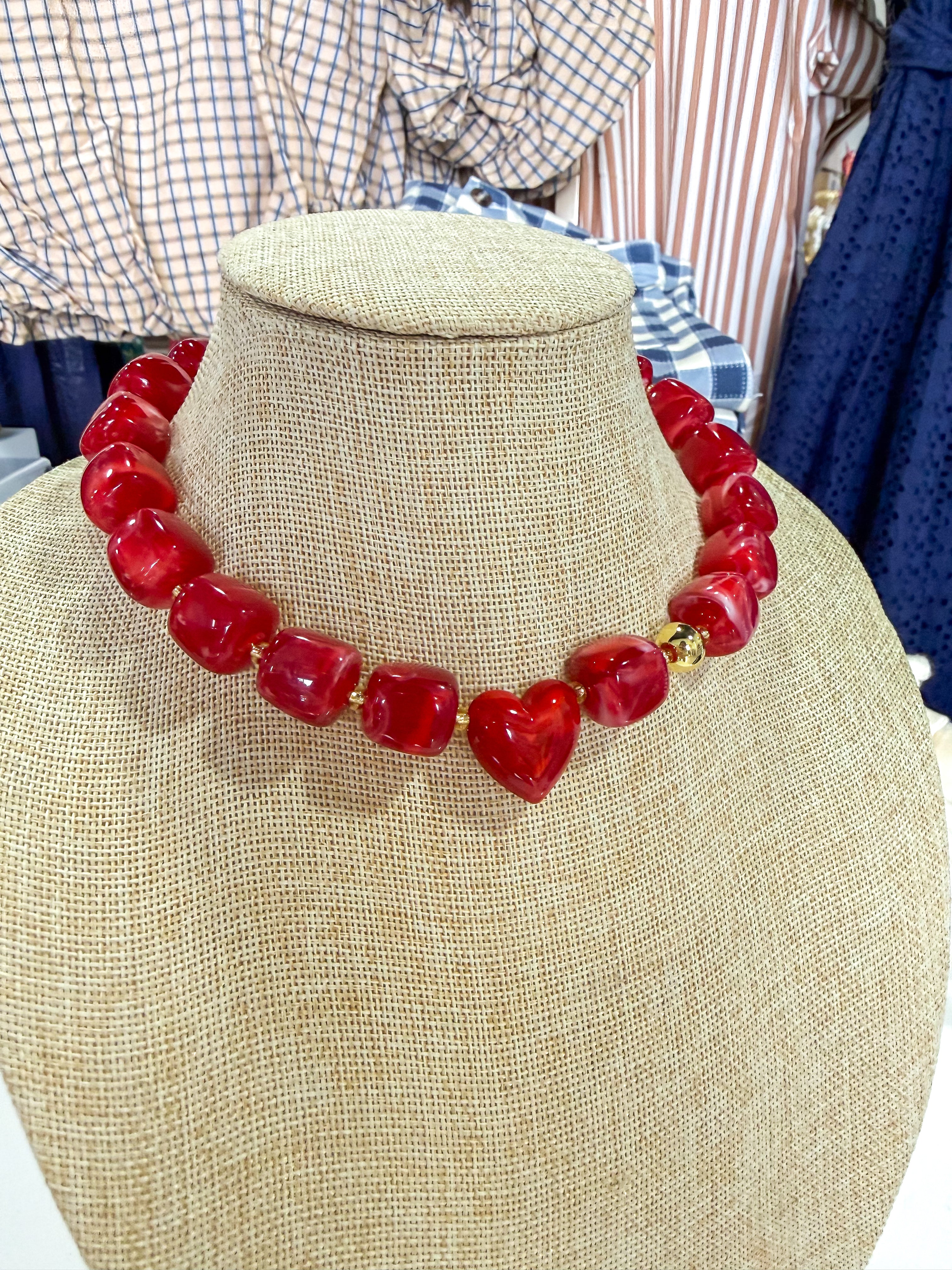 Red Beaded Heart Necklace