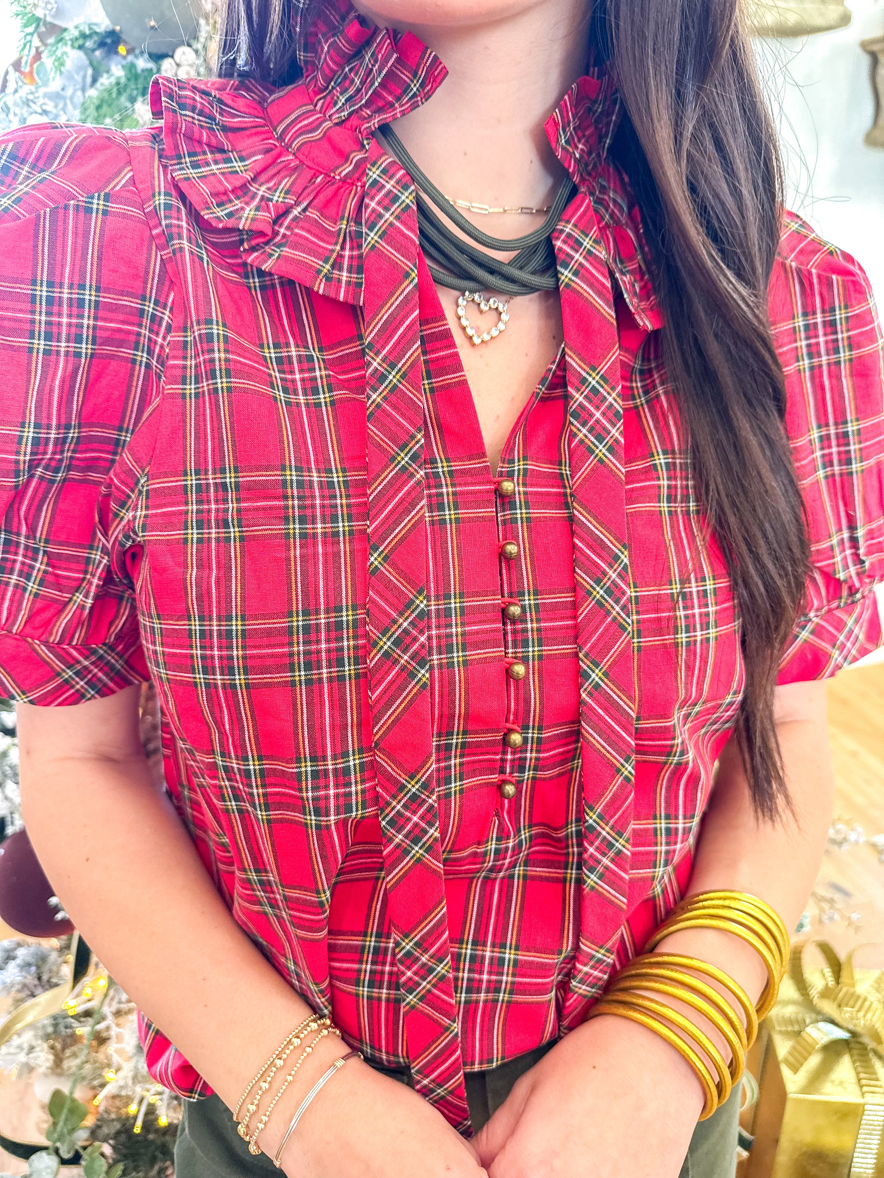 Scarlett Plaid Puff Sleeve Top Red