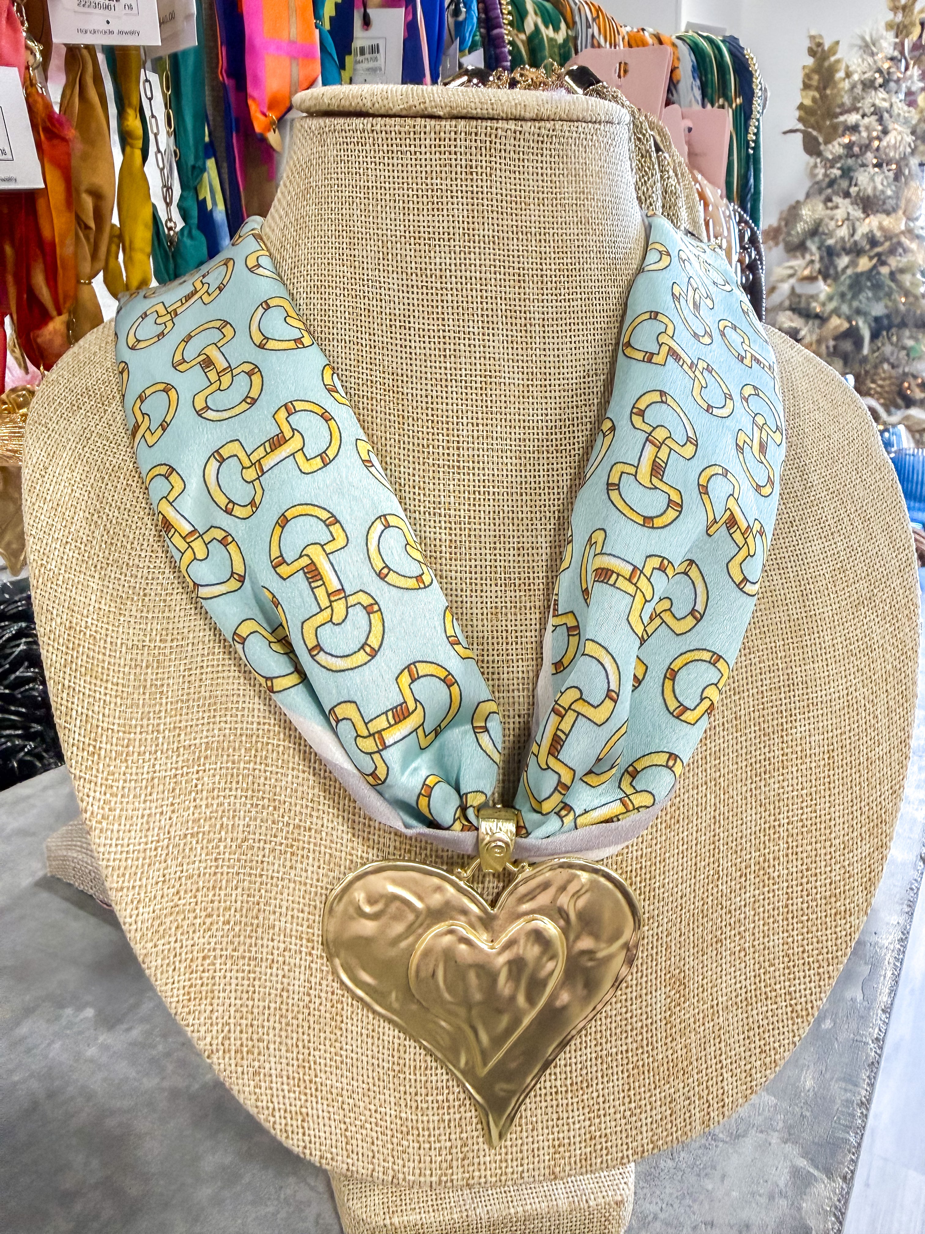 Large Heart Light Blue Horse Bit Scarf Necklace