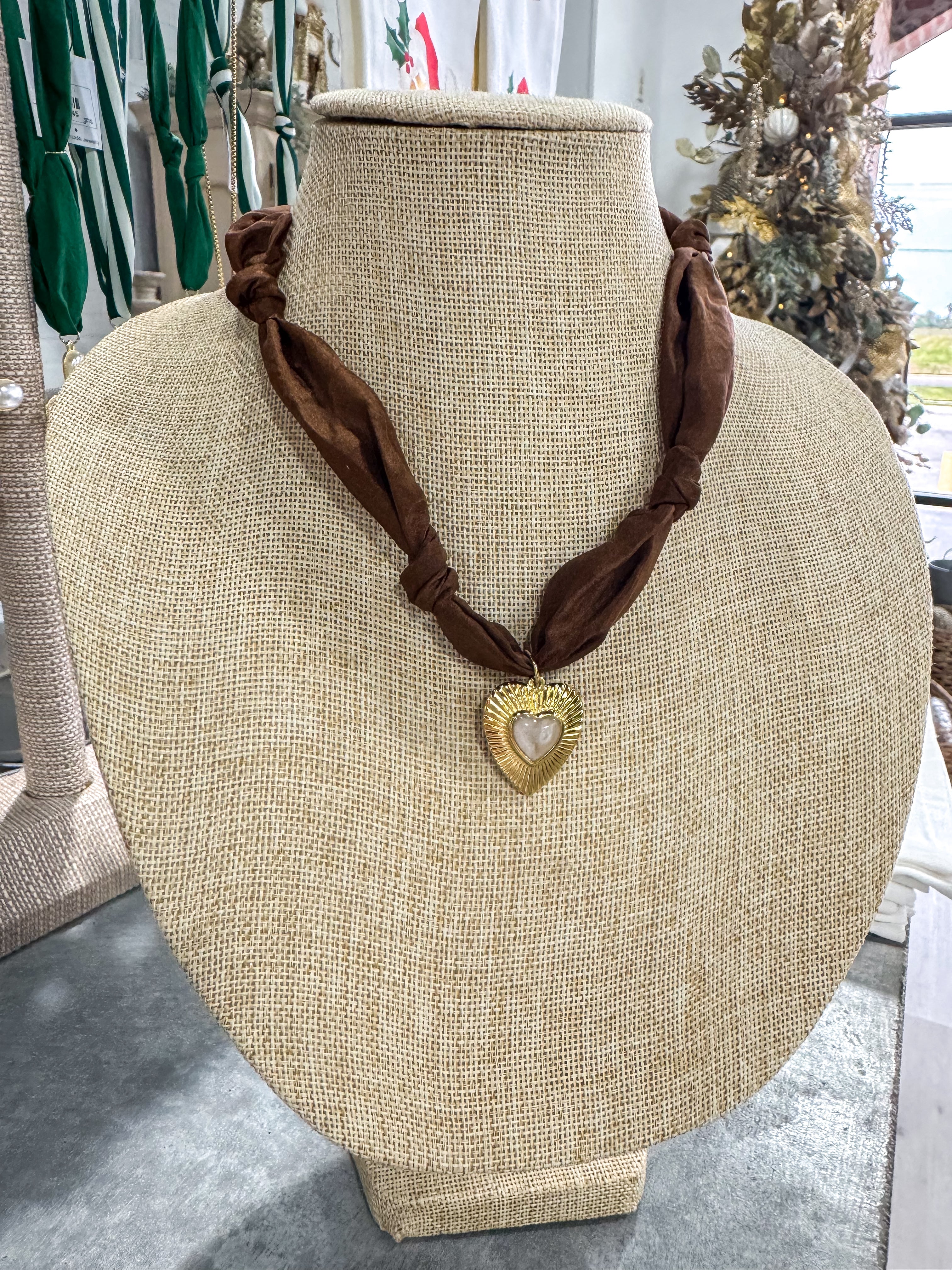 Brown Small Heart Scarf Necklace