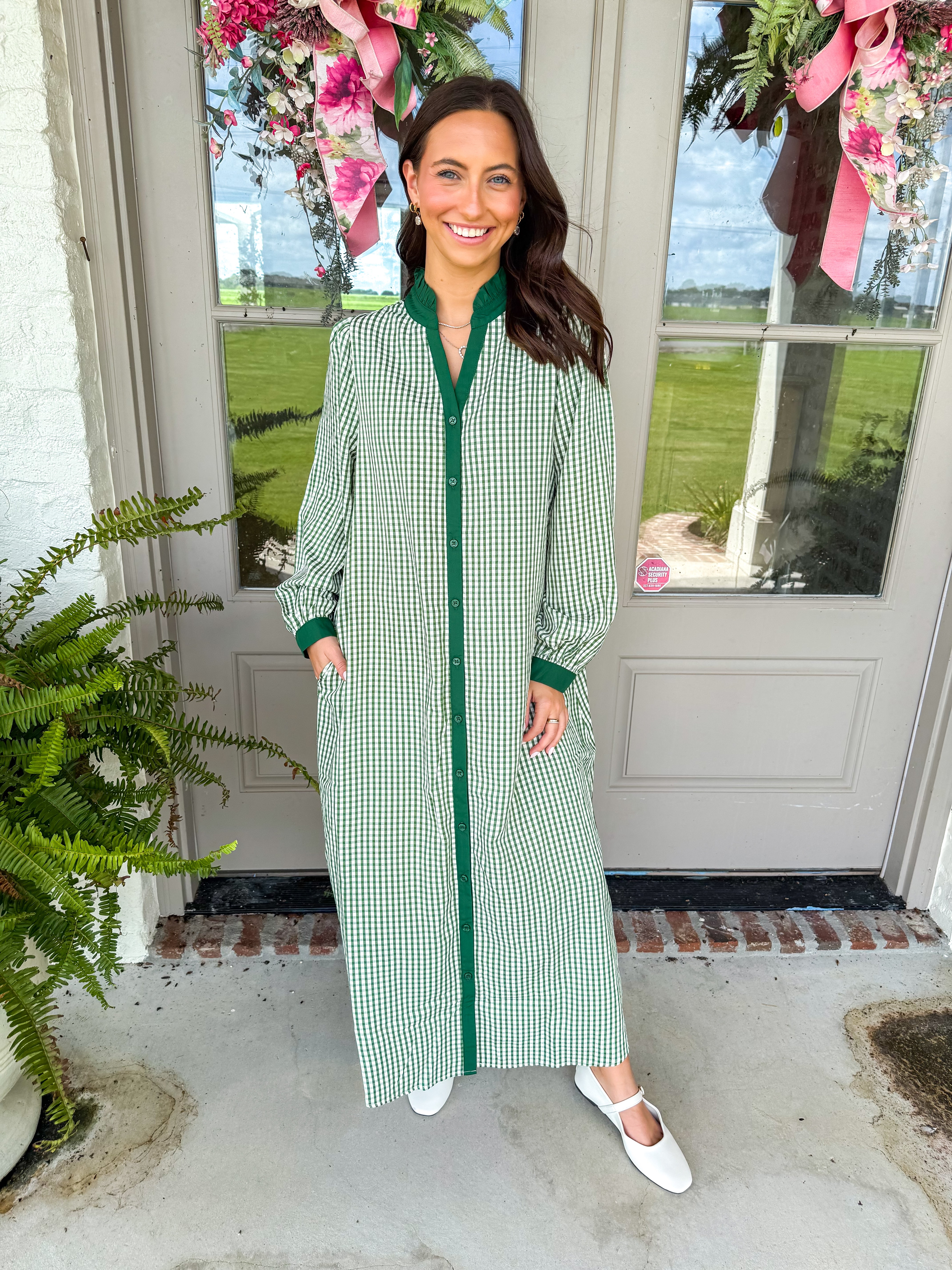 Green Gingham Ruffle Midi Dress