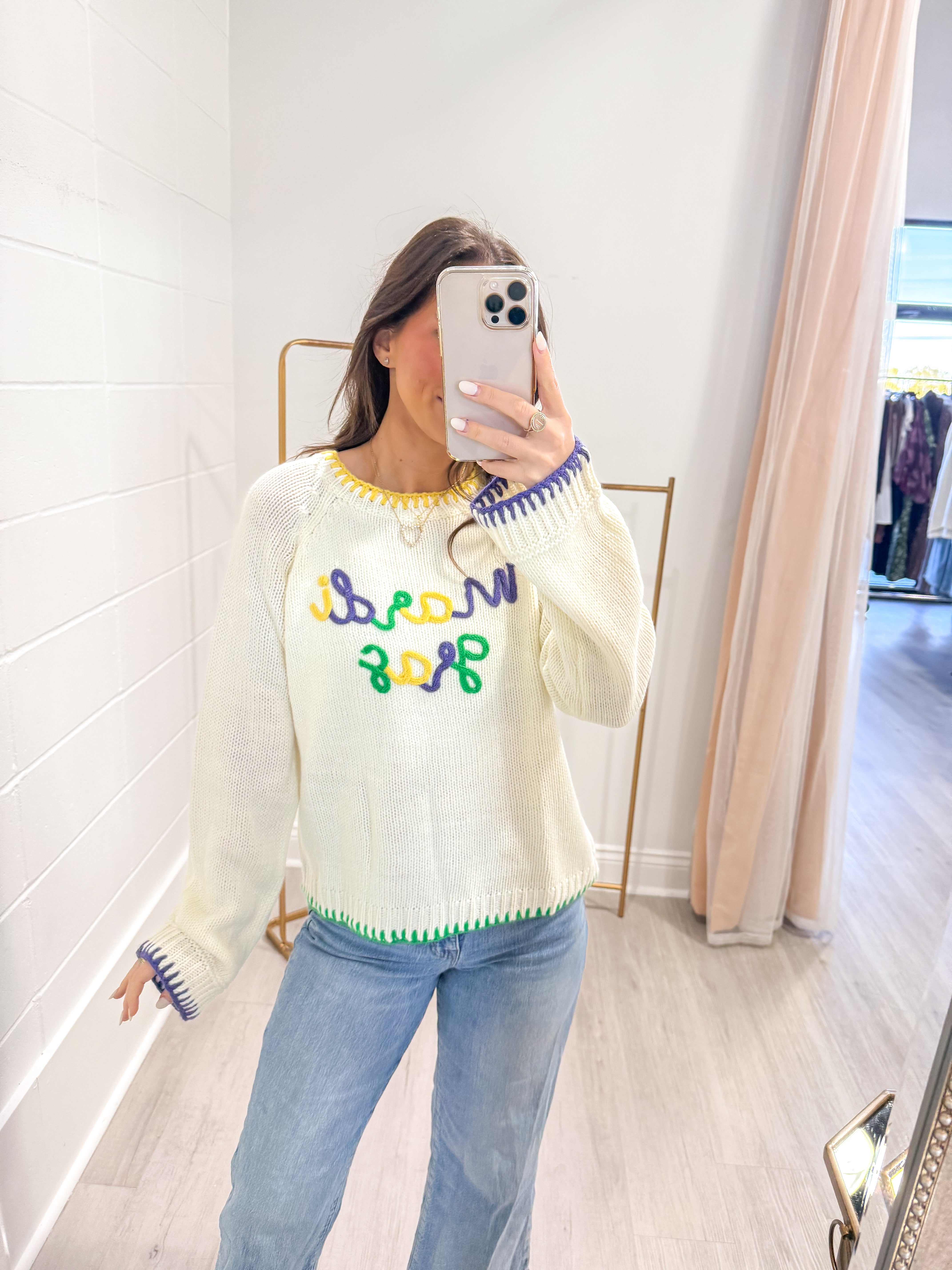 Mardi Gras Script Knit Sweater