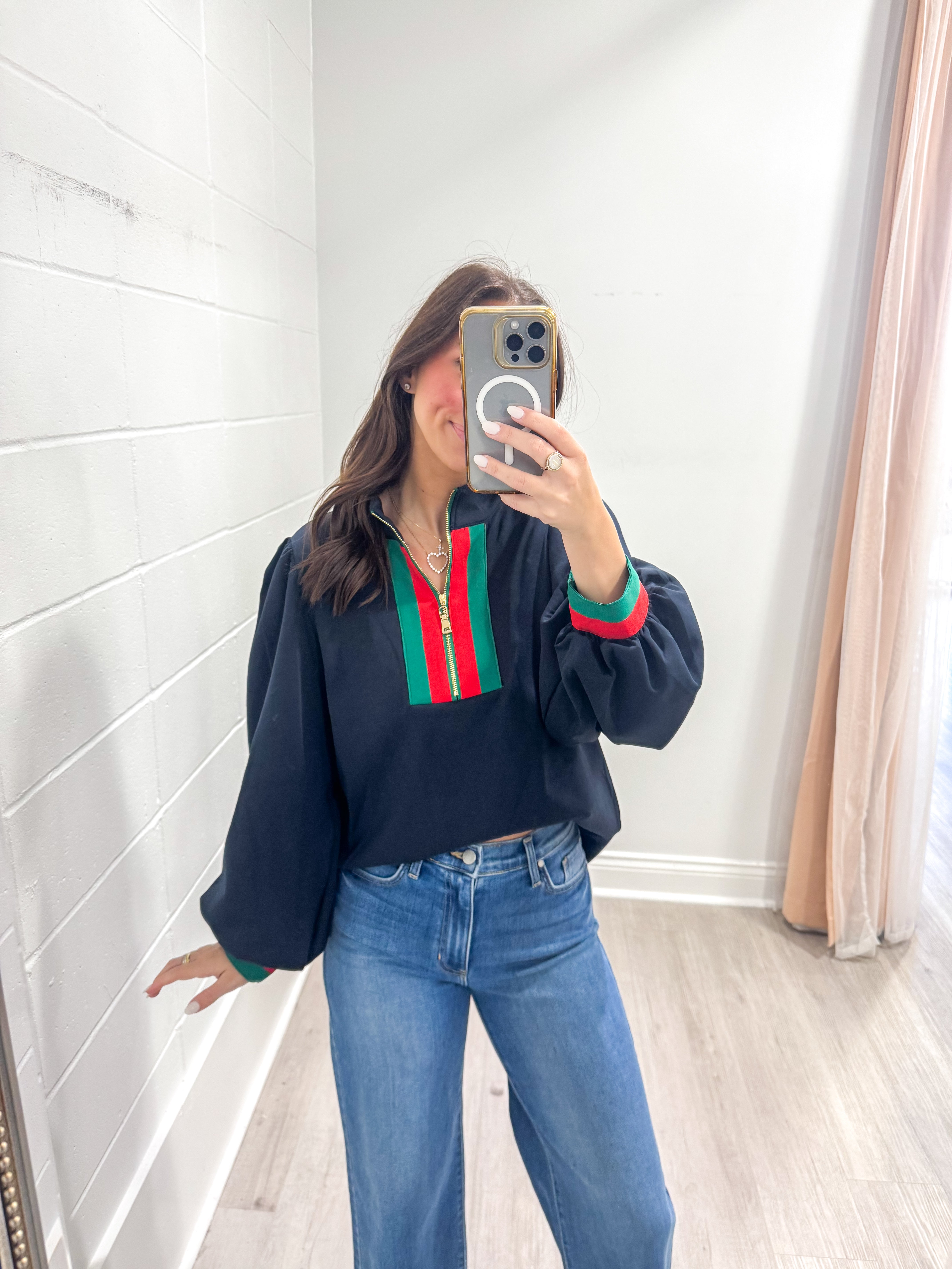 Navy Contrast Quarter-Zip Top