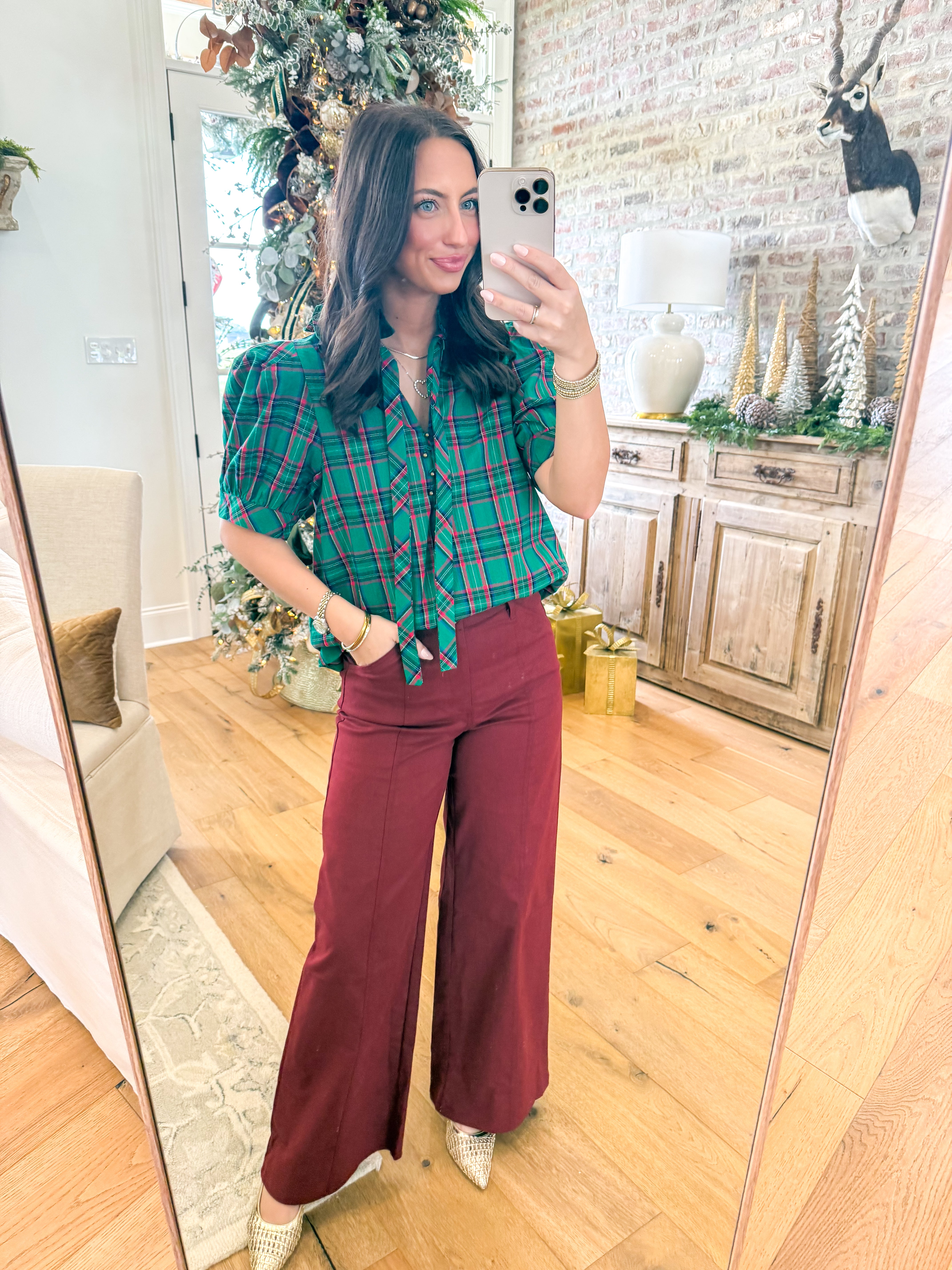Scarlett Plaid Puff Sleeve Top Green