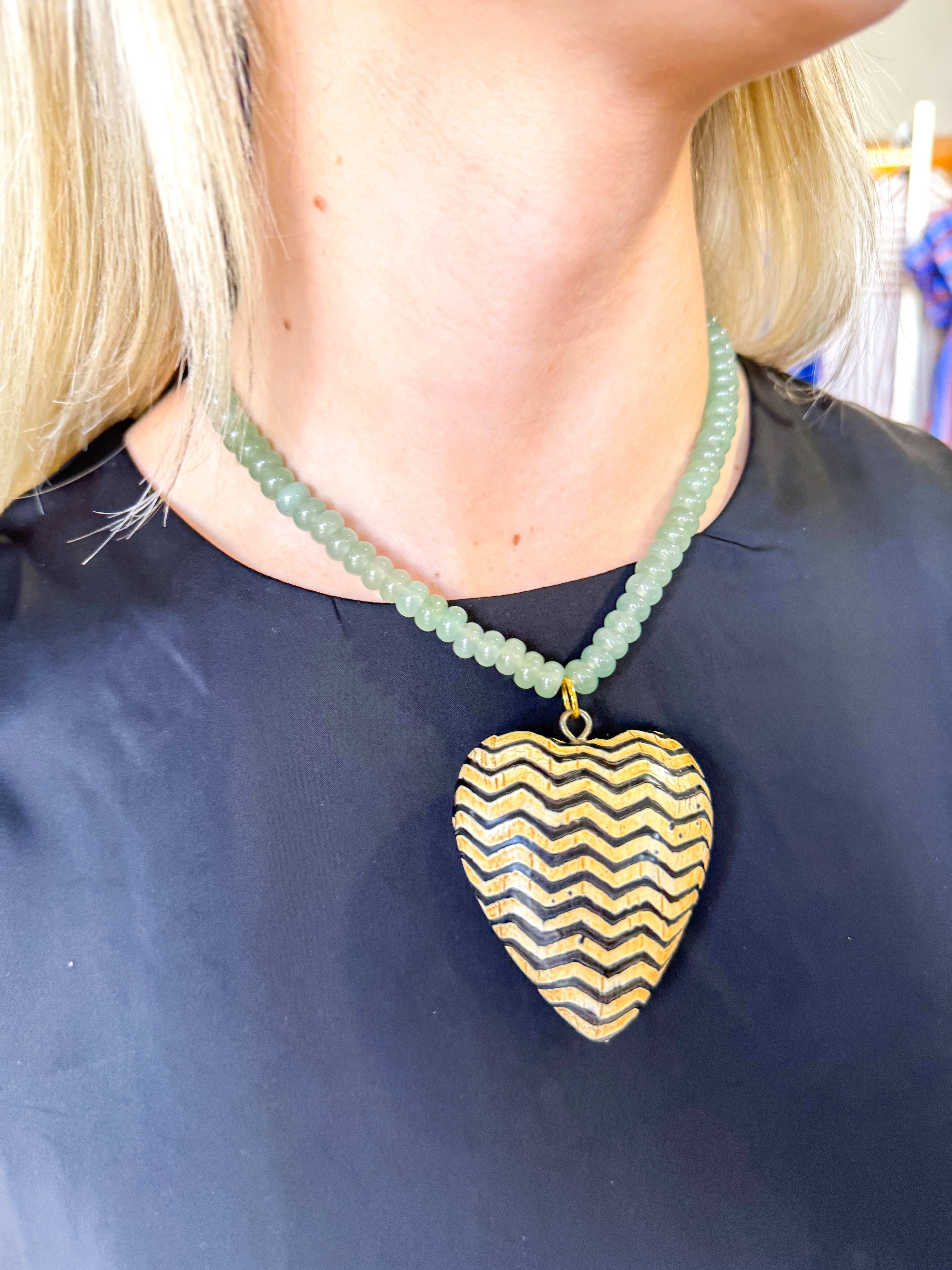 Large Chevron Heart Sage Green Beaded Necklace