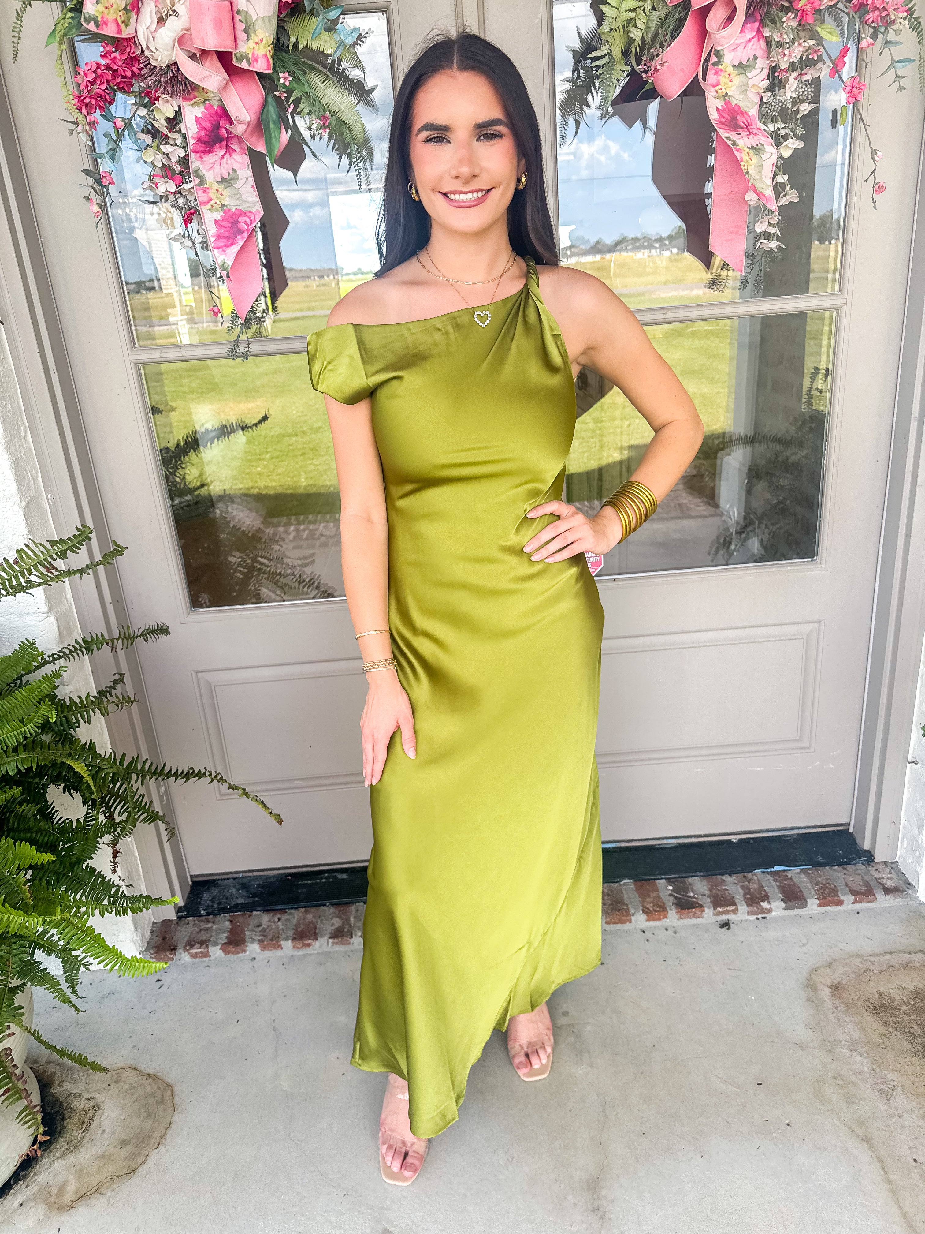 The Olive Hour One-Shoulder Satin Maxi Dress