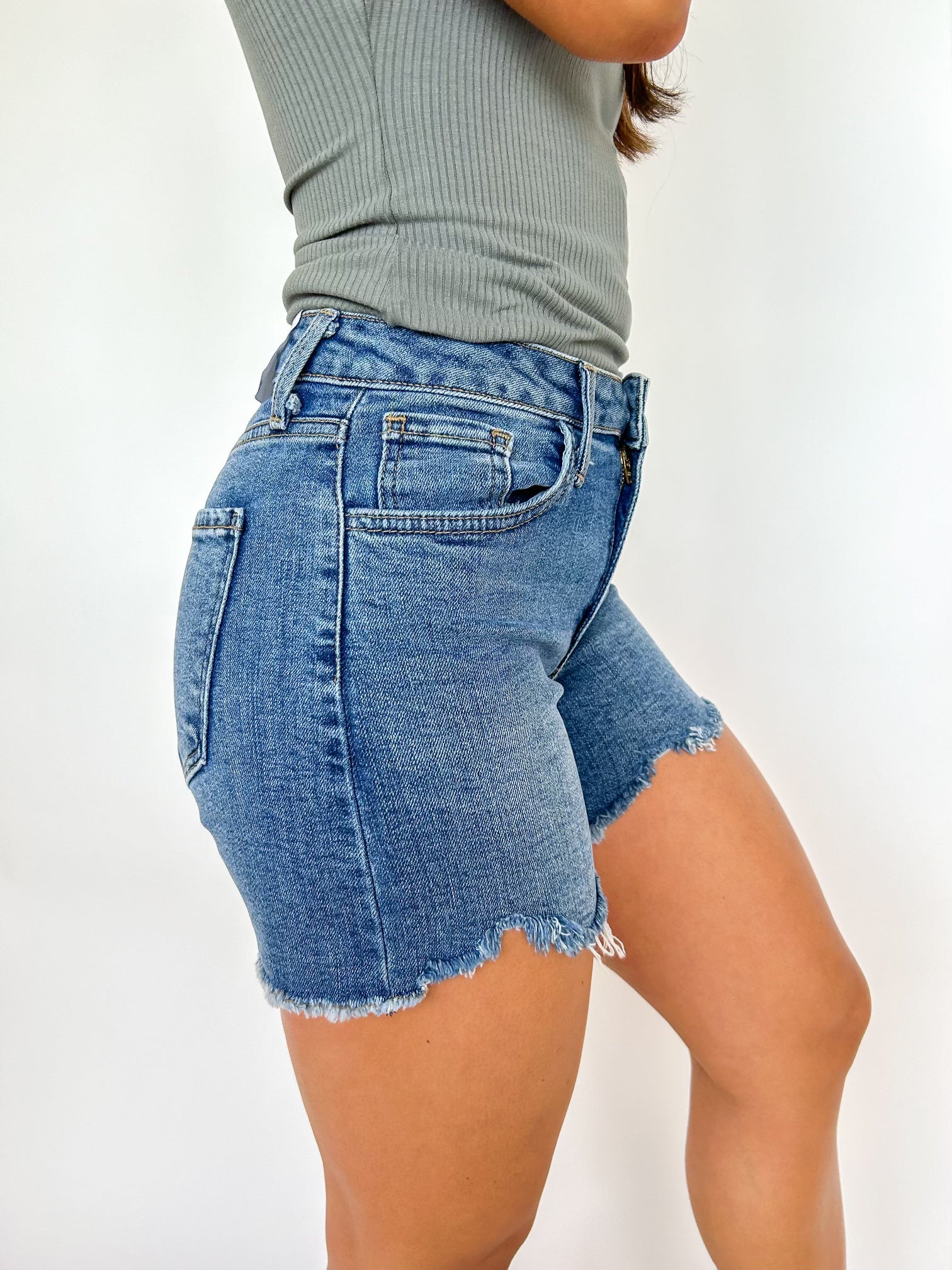 Hi-Lo Hem Medium Denim Shorts