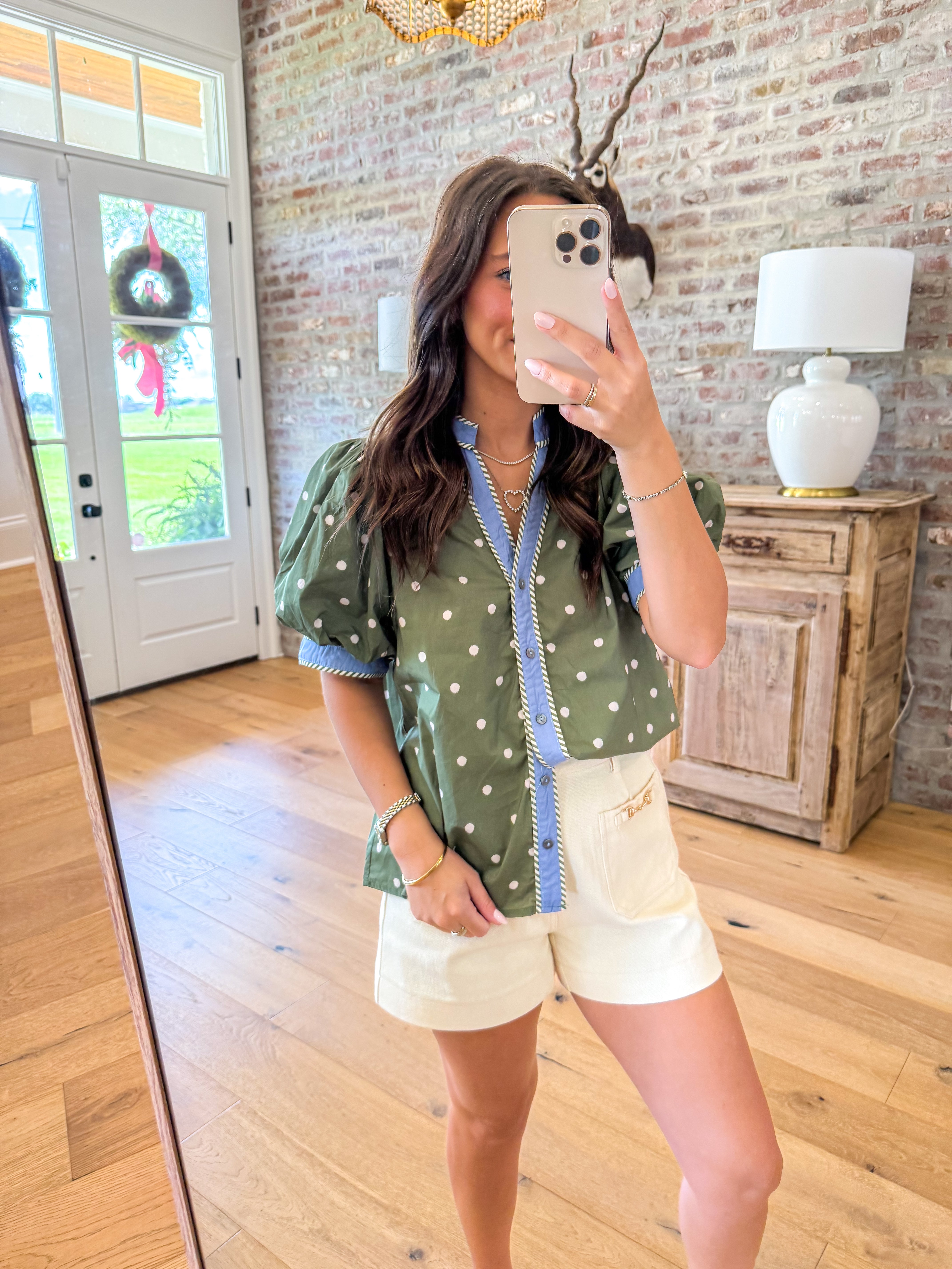 Olive & Periwinkle Polka Dot Puff Sleeve Blouse