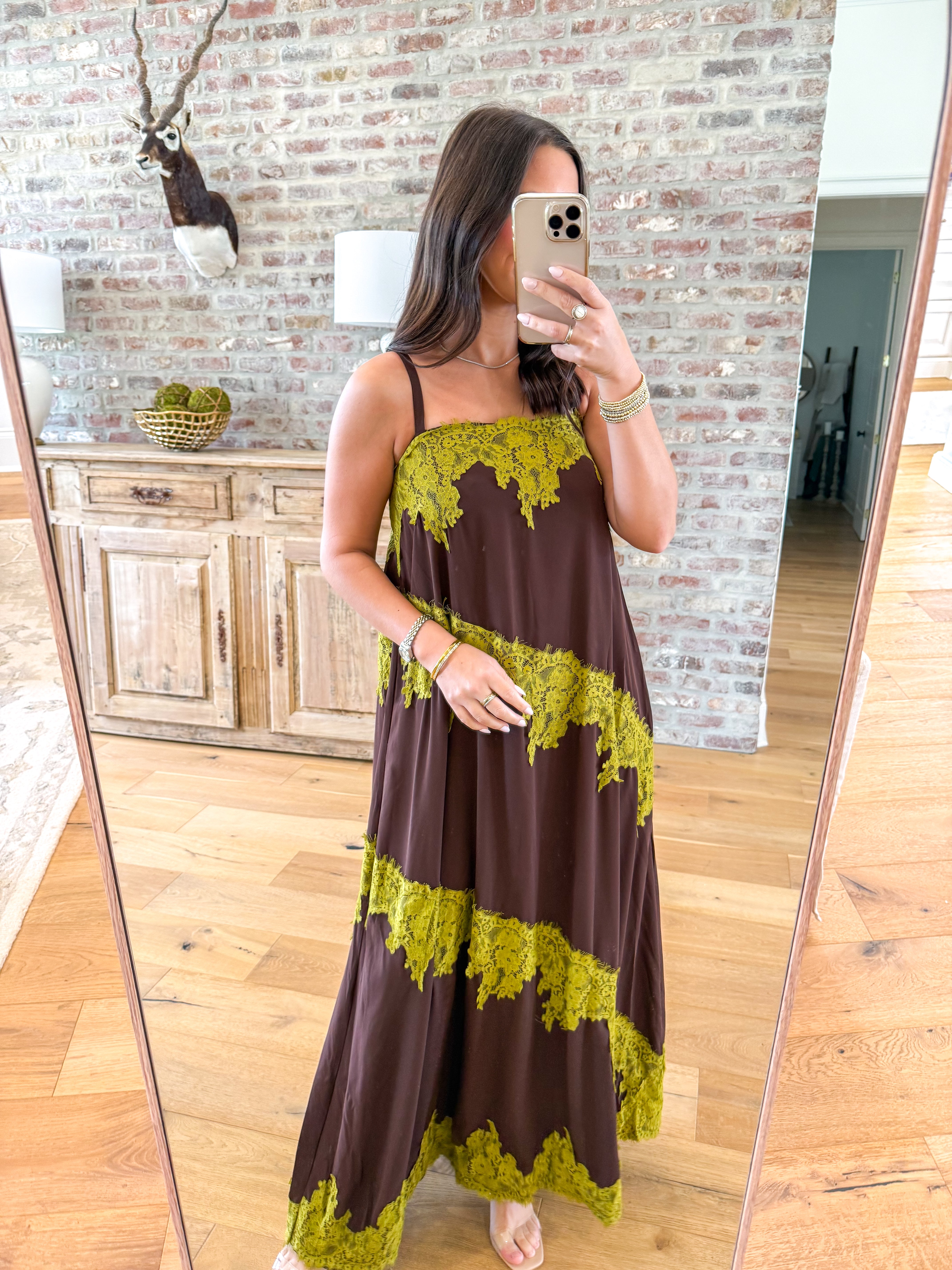 Chocolate & Chartreuse Lace Maxi Dress