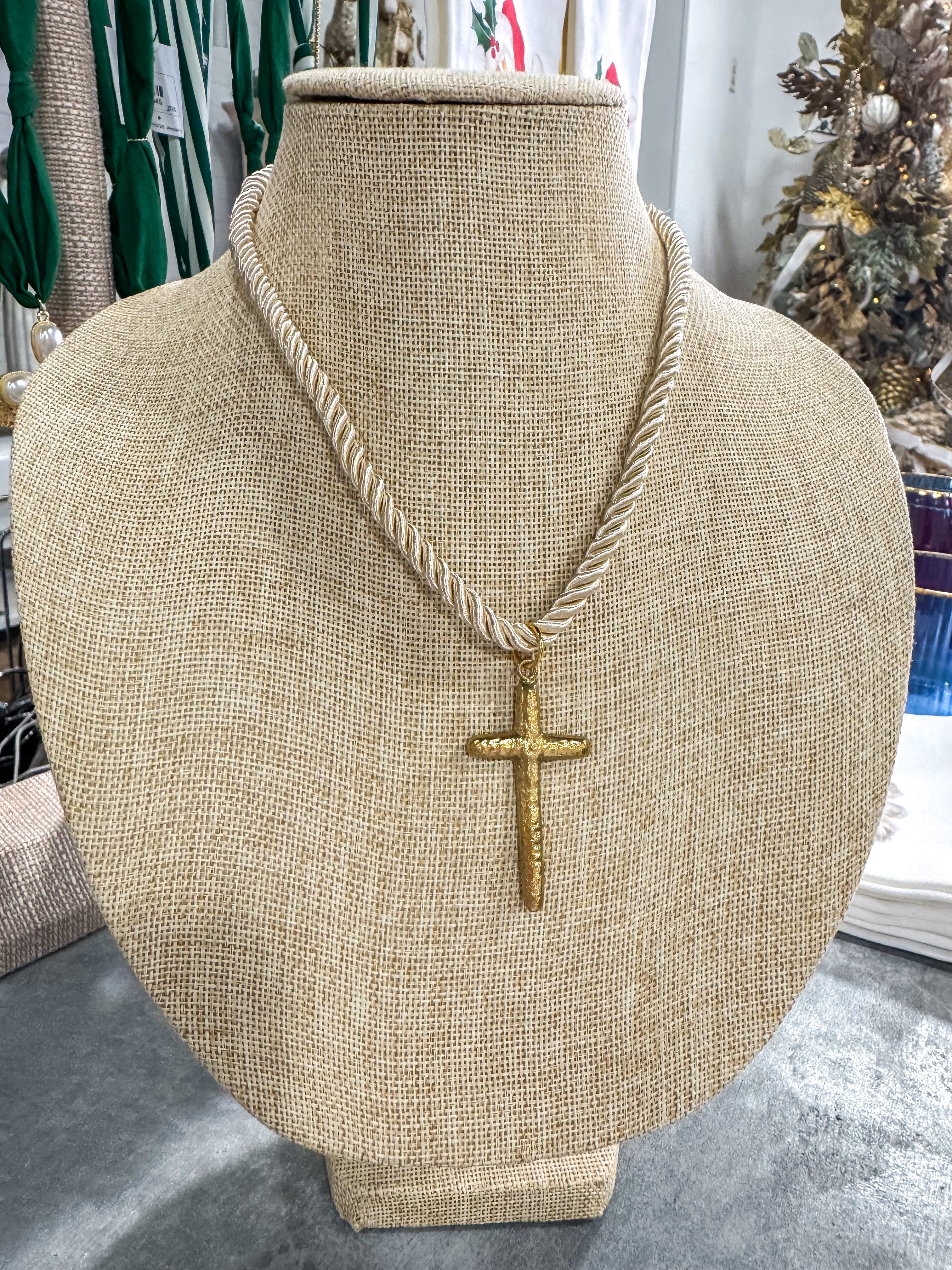 Ivory Rope Gold Cross Pendant Necklace