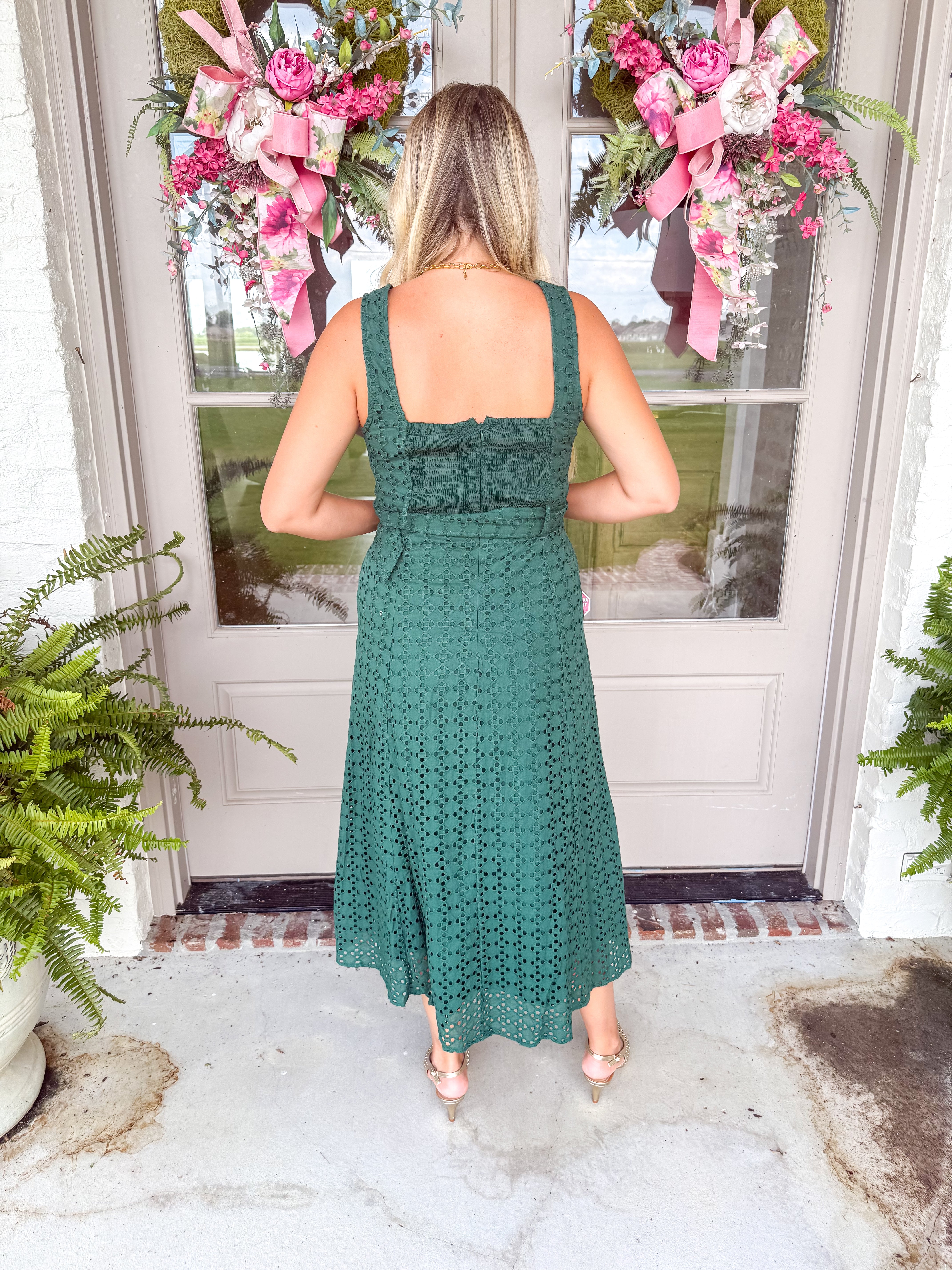 Emmaline Eyelet Midi Dress Hunter Green