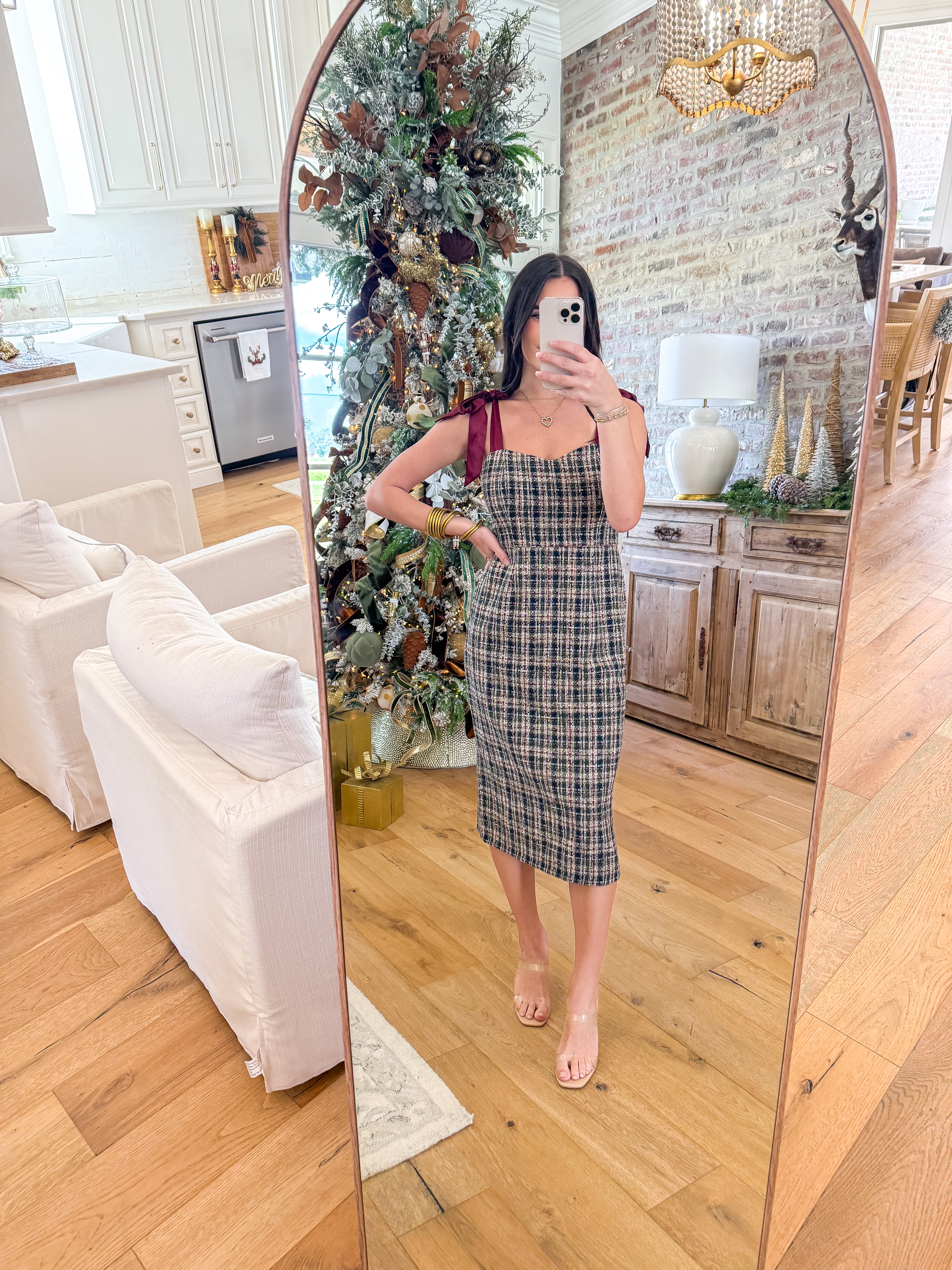 Satin Bow Tweed Midi Dress