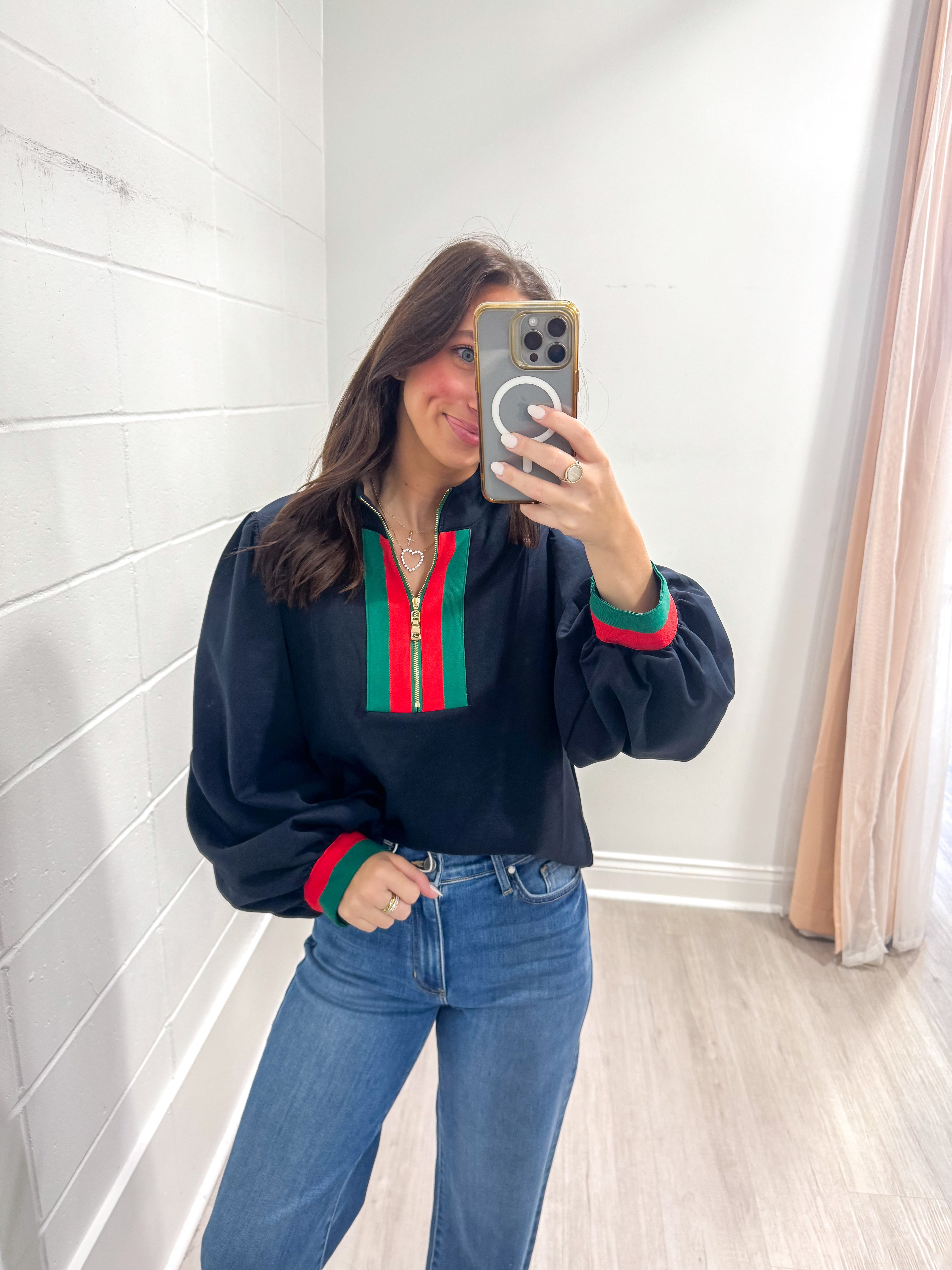 Navy Contrast Quarter-Zip Top