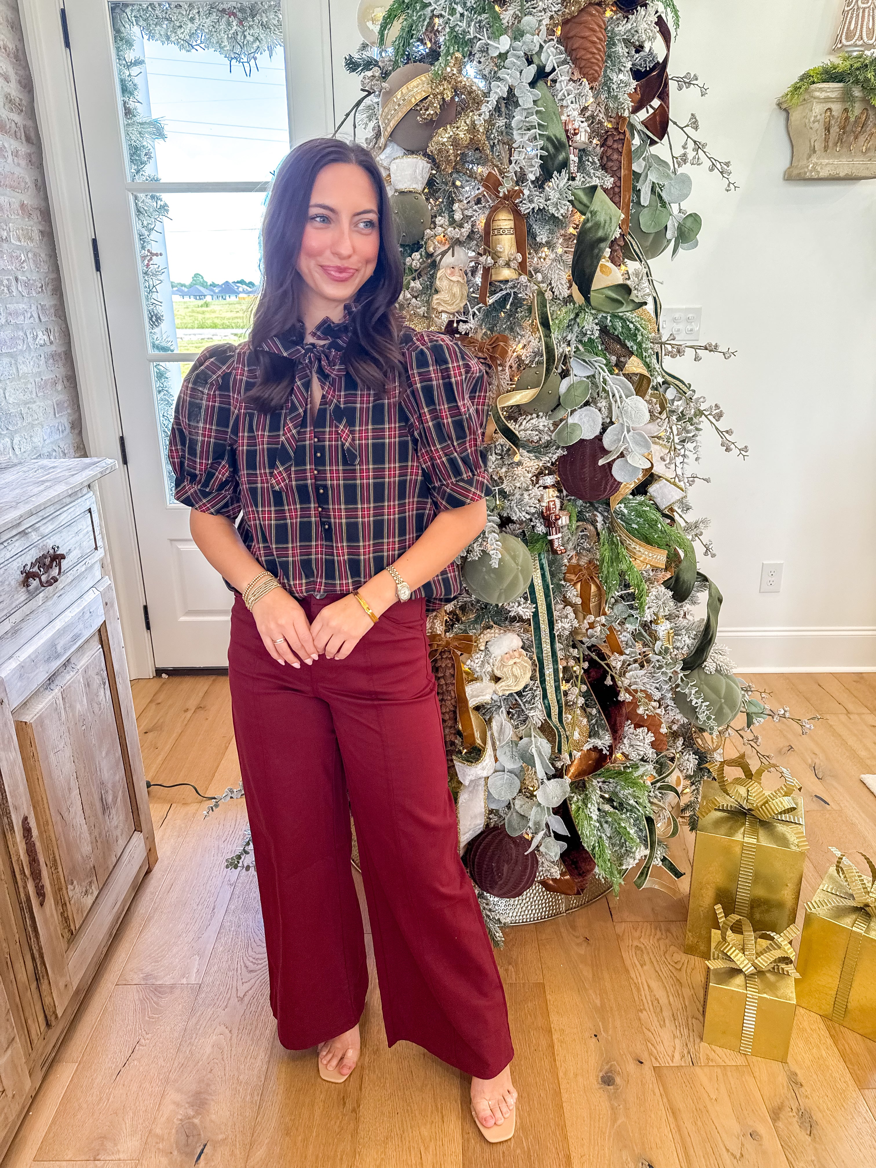 Scarlett Plaid Puff Sleeve Top Navy