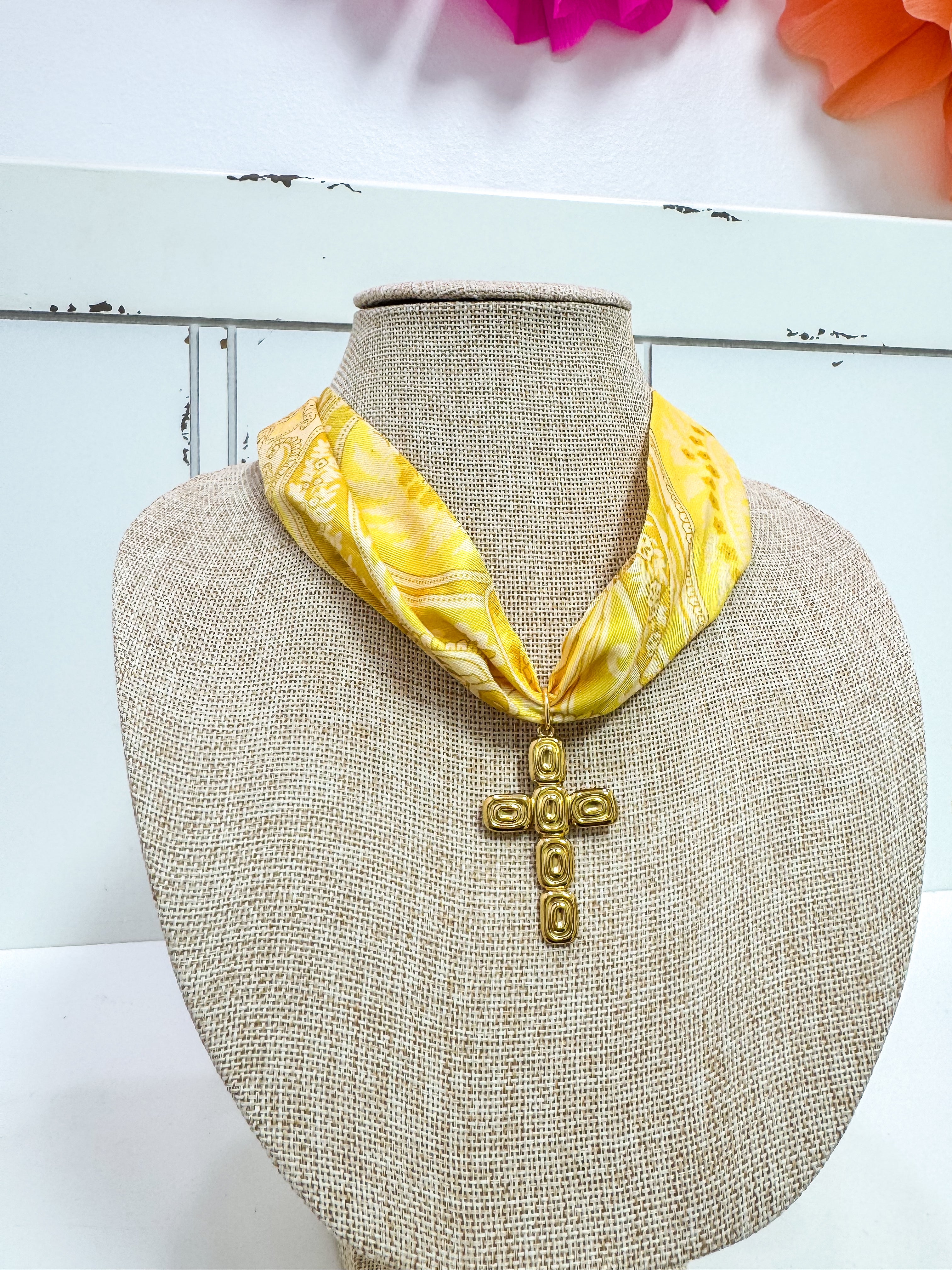 Yellow Tapestry Gold Cross Scarf Necklace