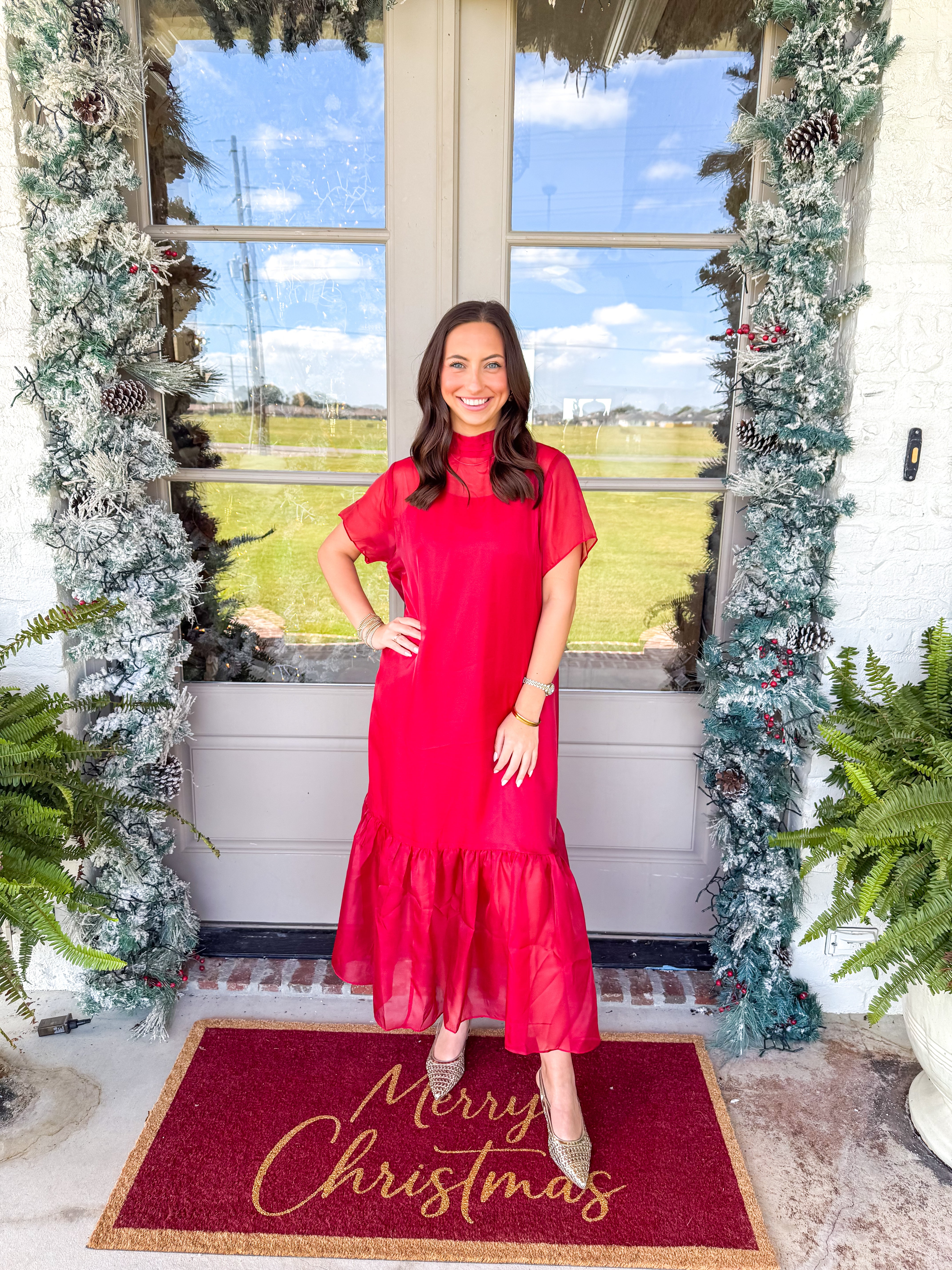 Crimson Whisper Chiffon Midi Dress