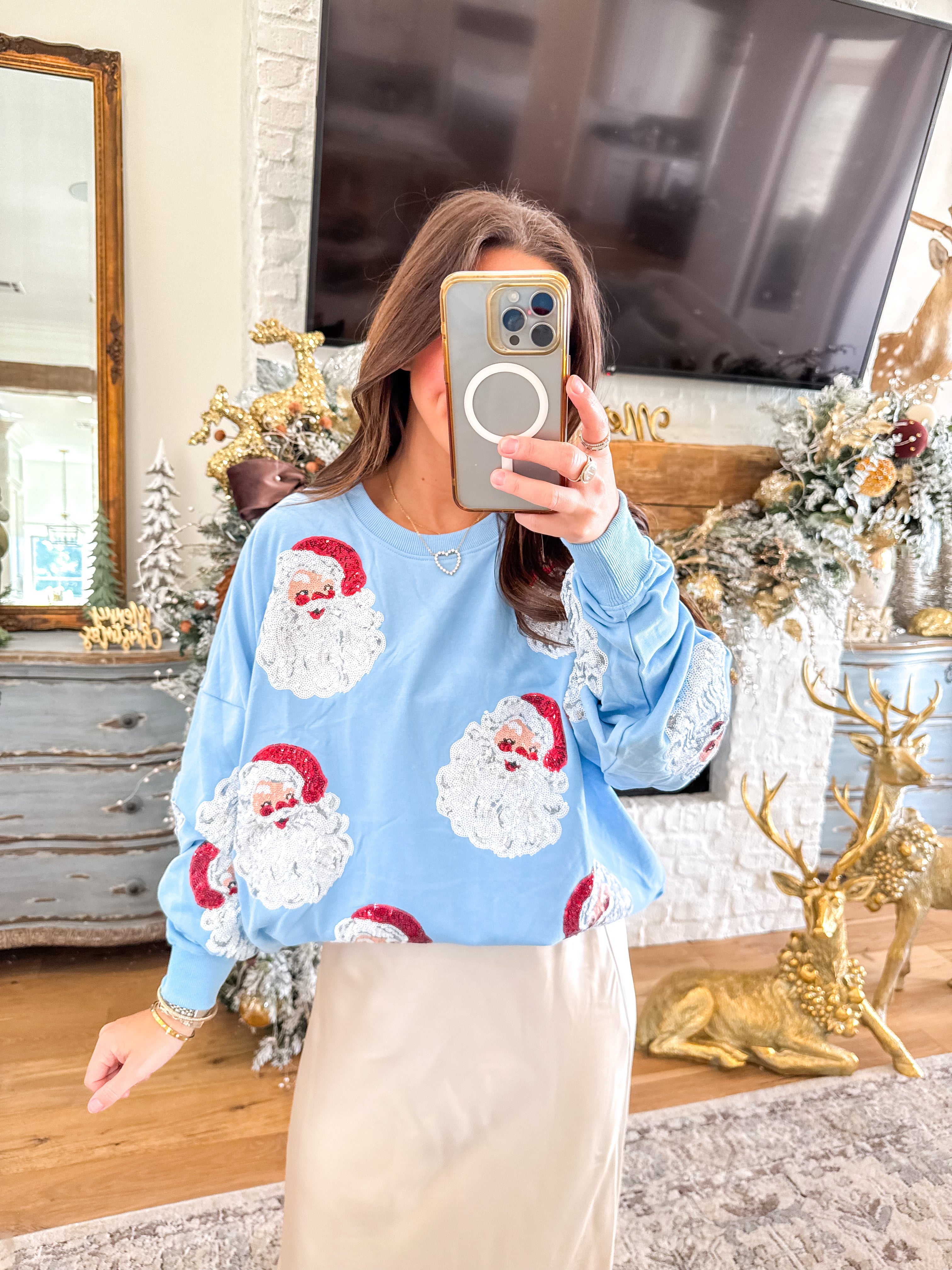 Blue Overszied Sequin Santa Sweatshirt