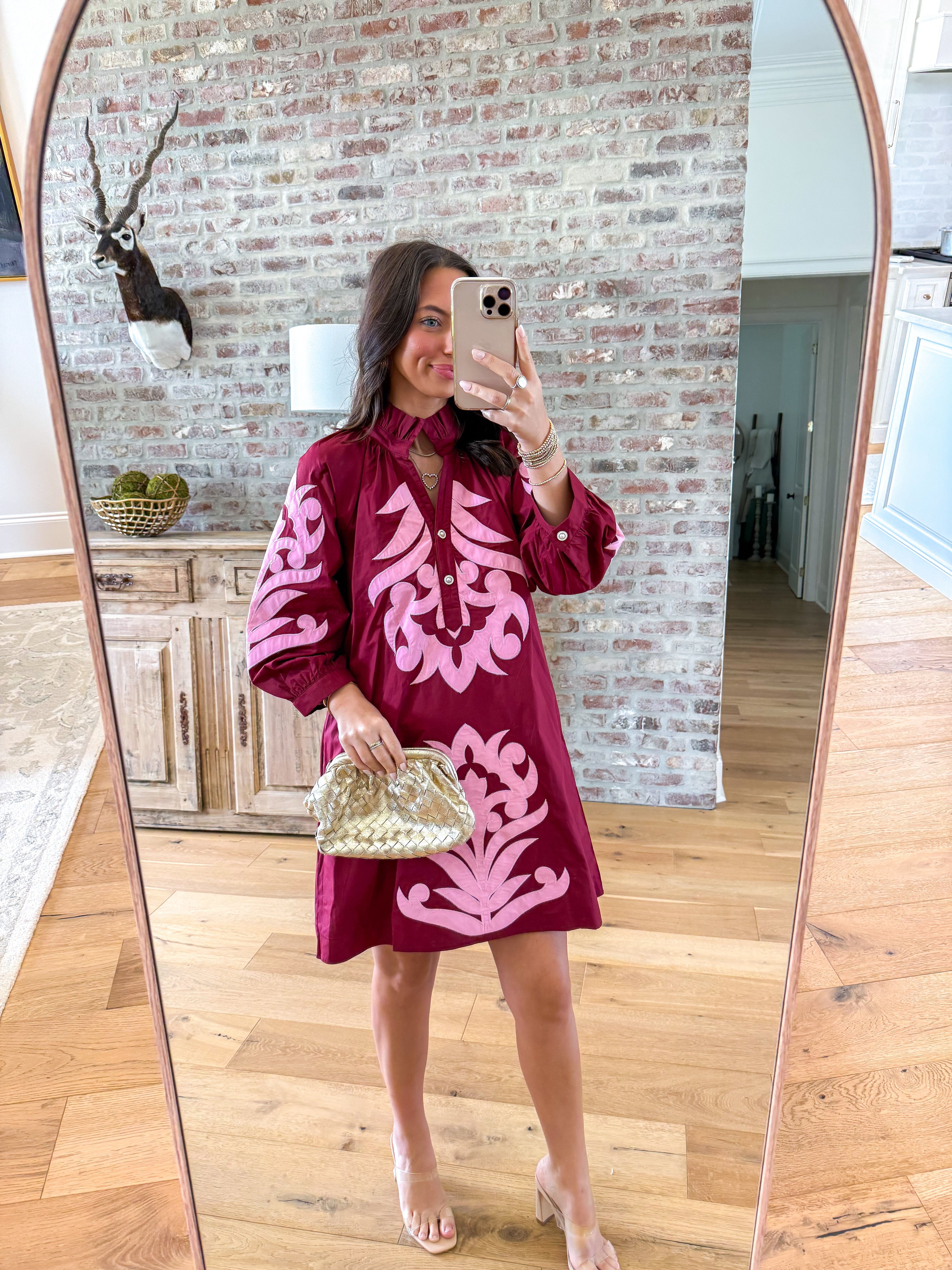 Baroque Bloom Appliqué Shift Dress Burgundy