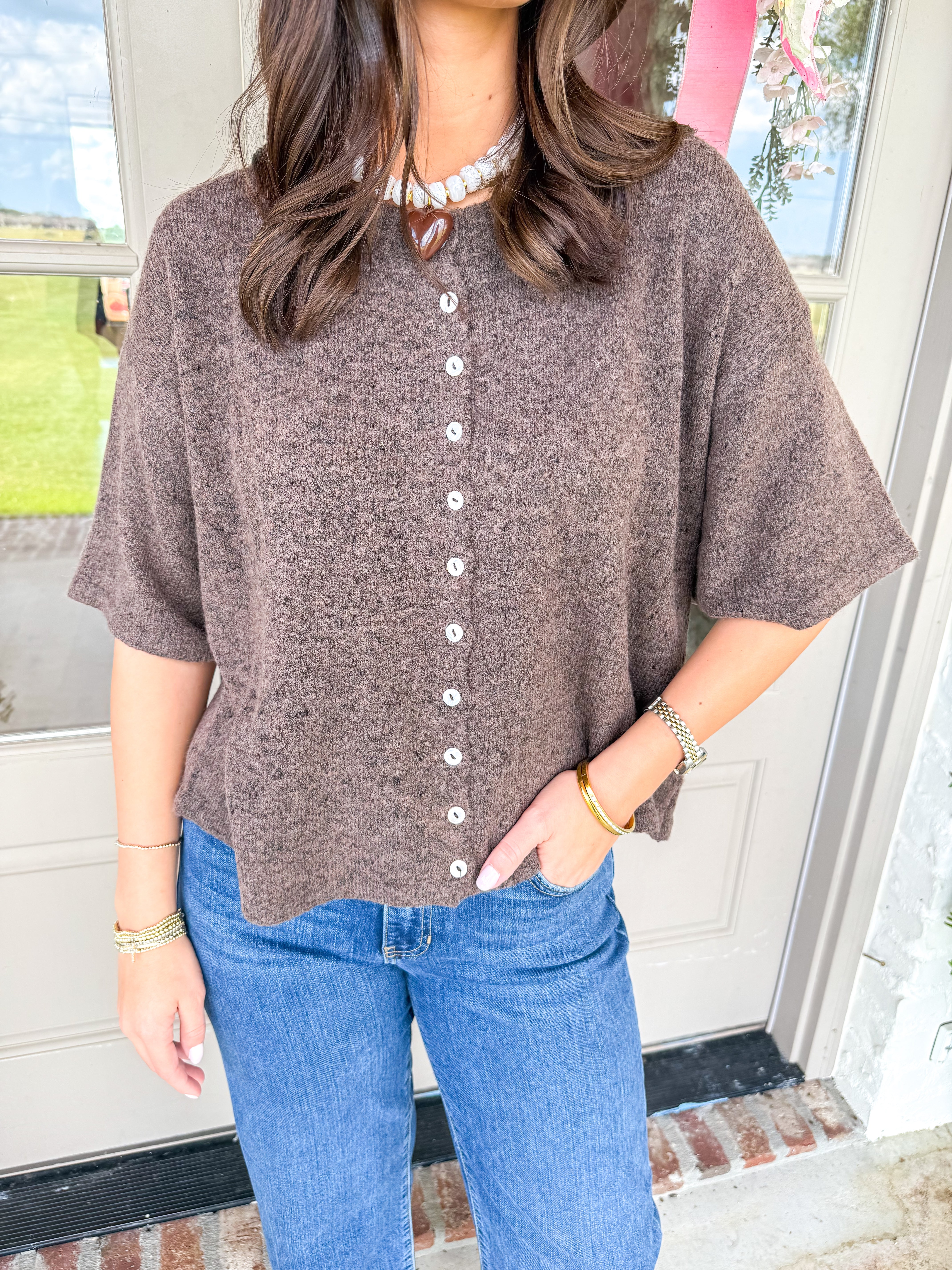 Anika Short Sleeve Pointelle Cardigan Chocolate
