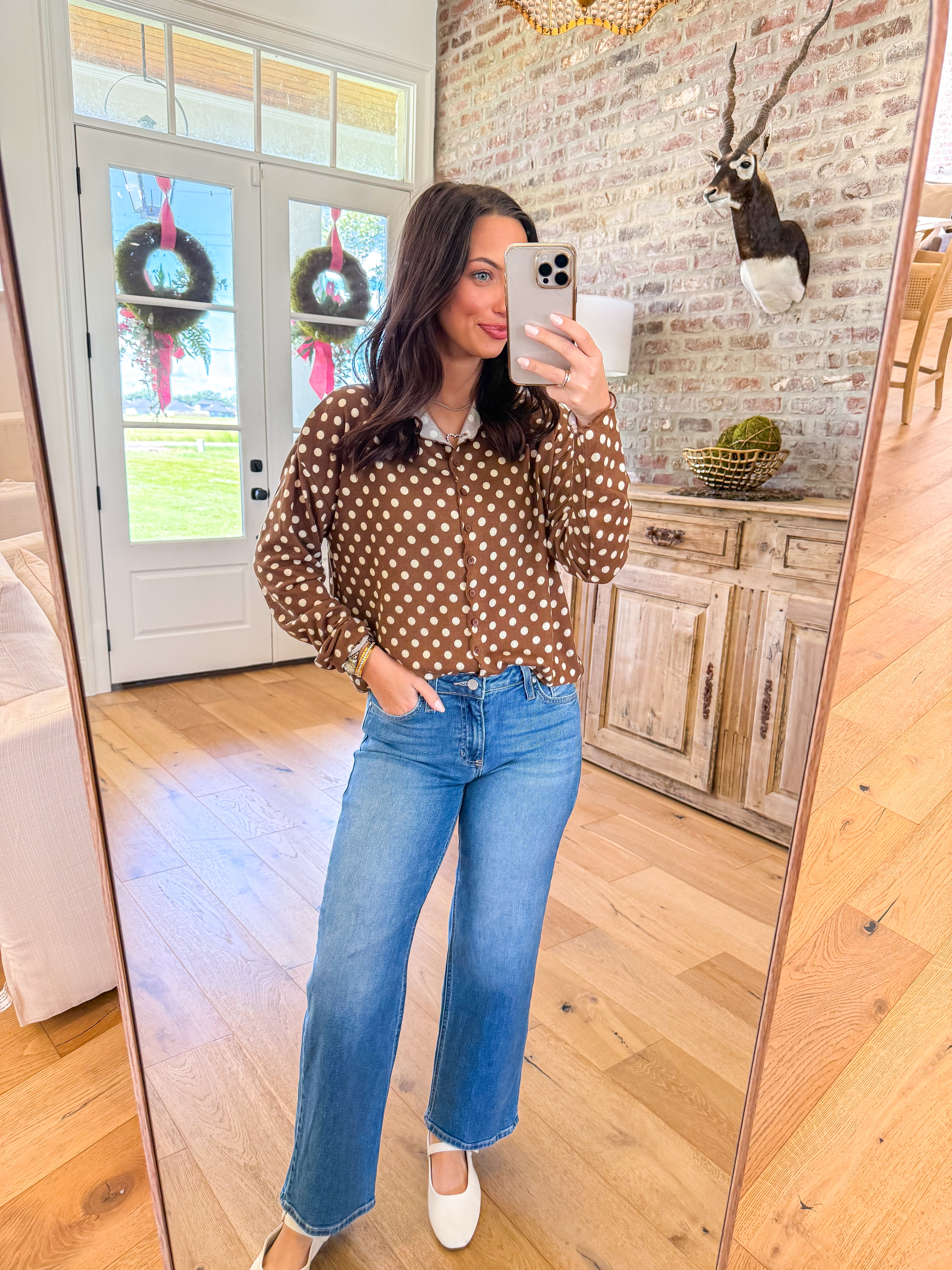 Brown Sugar Polka Dot Button-Up Top