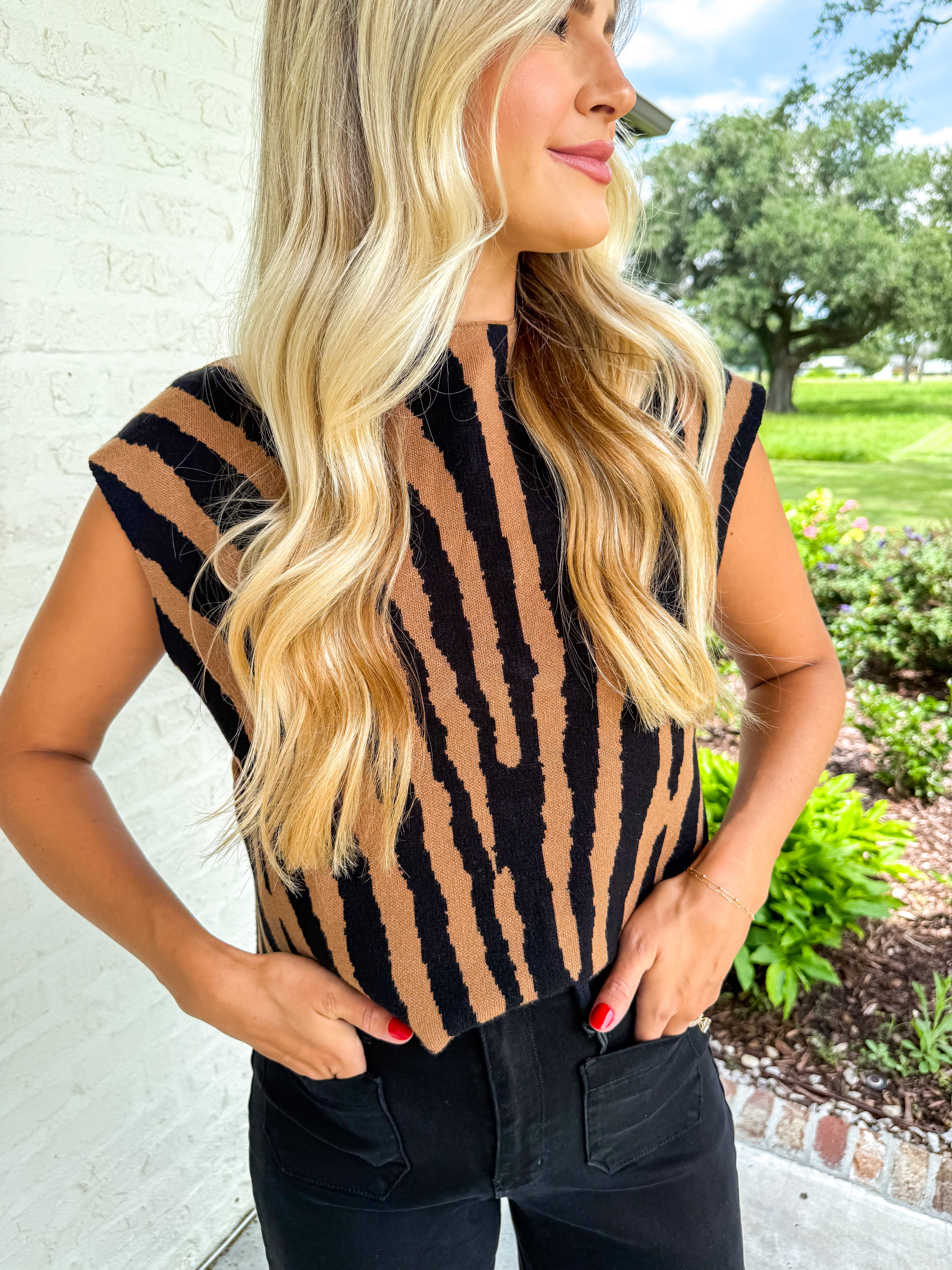 Wild Side Mock Neck Knit Top Brown/Black