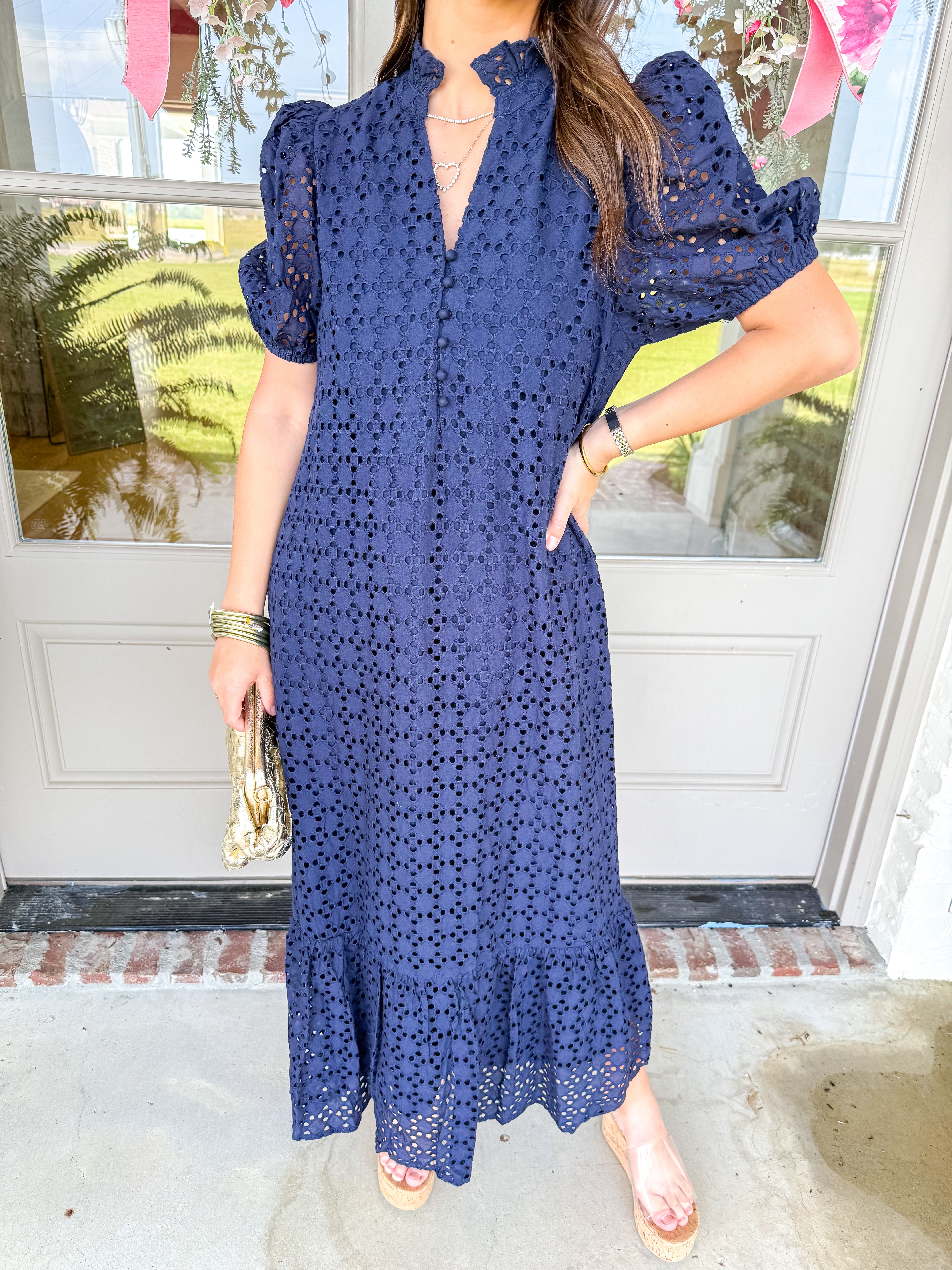 Evelyn Navy Eyelet Midi